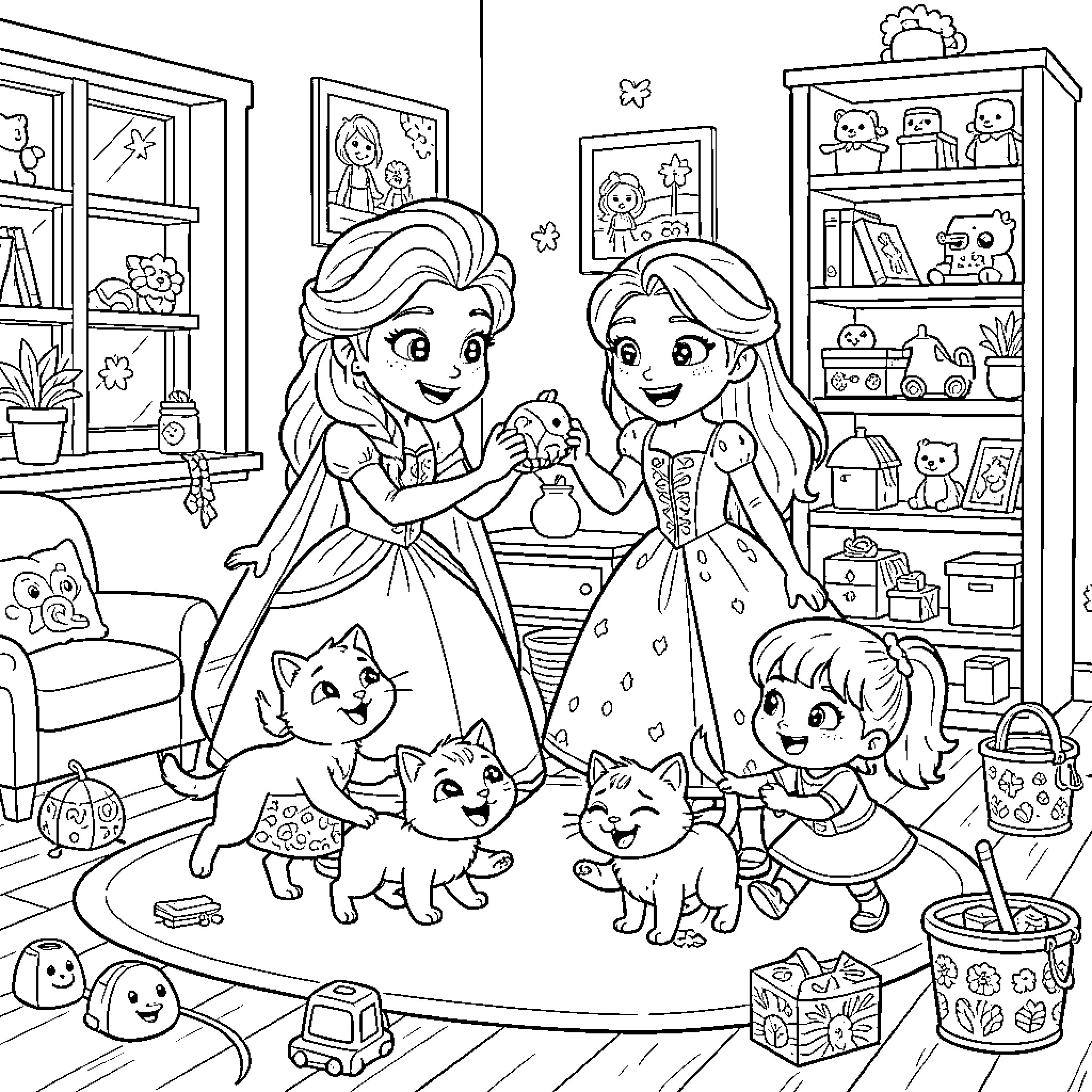 Elsa playing with dolls and kittens in a playroom Coloring Page (free black-and-white line drawing printable PDF for all, from beginners to advanced learners, including children, teens, adults, and seniors)