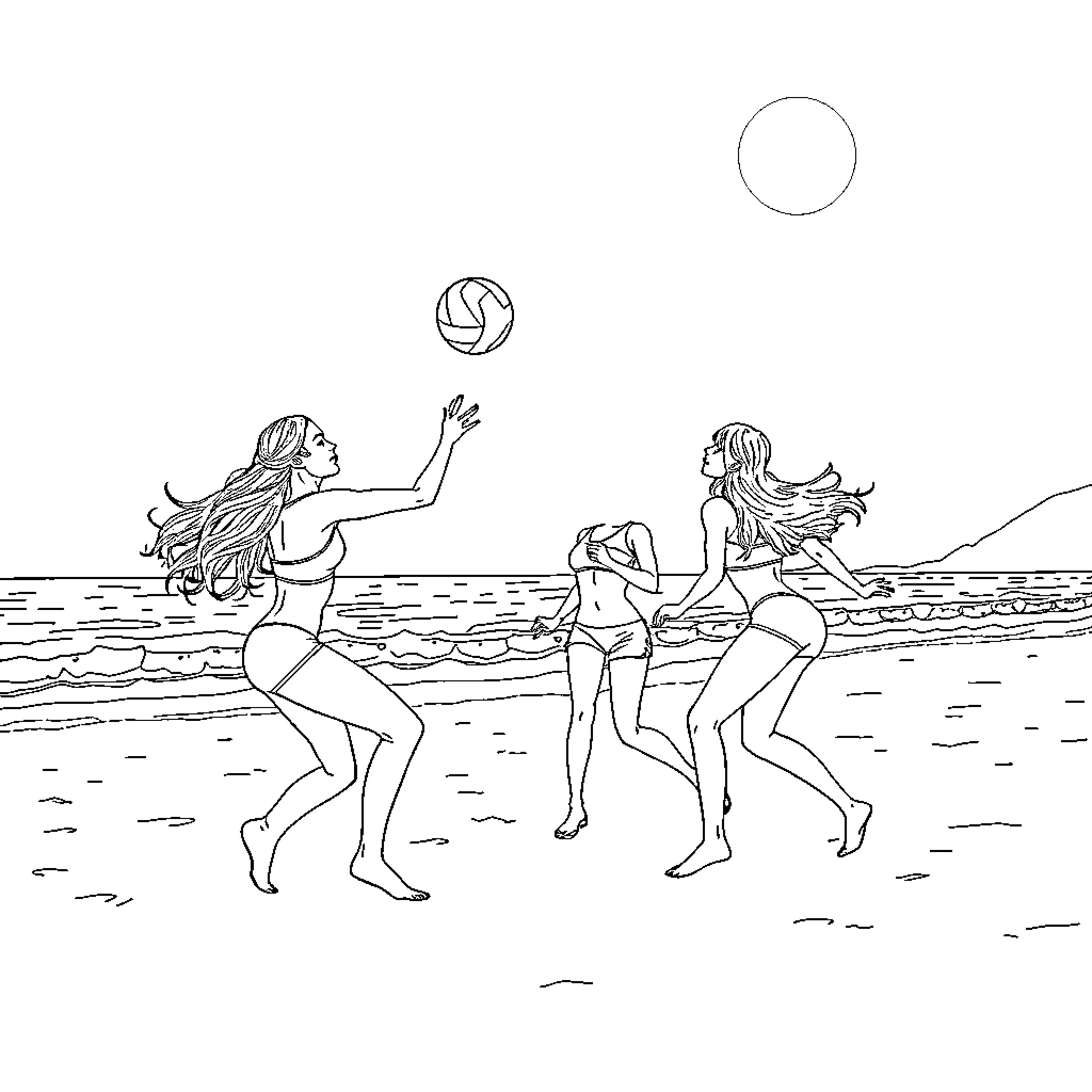 Kpop Warriors playing beach volleyball Coloring Page (free black-and-white line drawing printable PDF for all, from beginners to advanced learners, including children, teens, adults, and seniors)