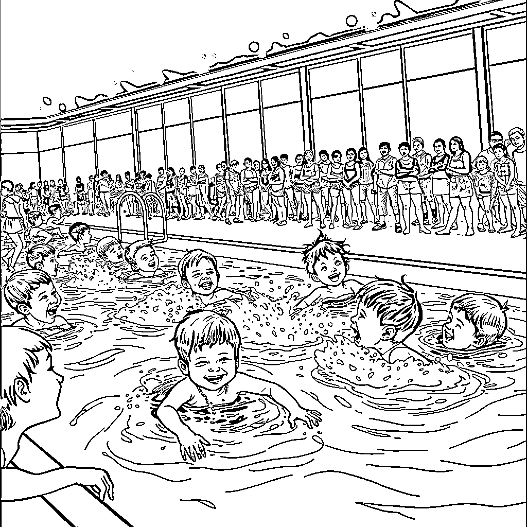 Child enjoying swimming in pool with friends Coloring Page (free black-and-white line drawing printable PDF for all, from beginners to advanced learners, including children, teens, adults, and seniors)