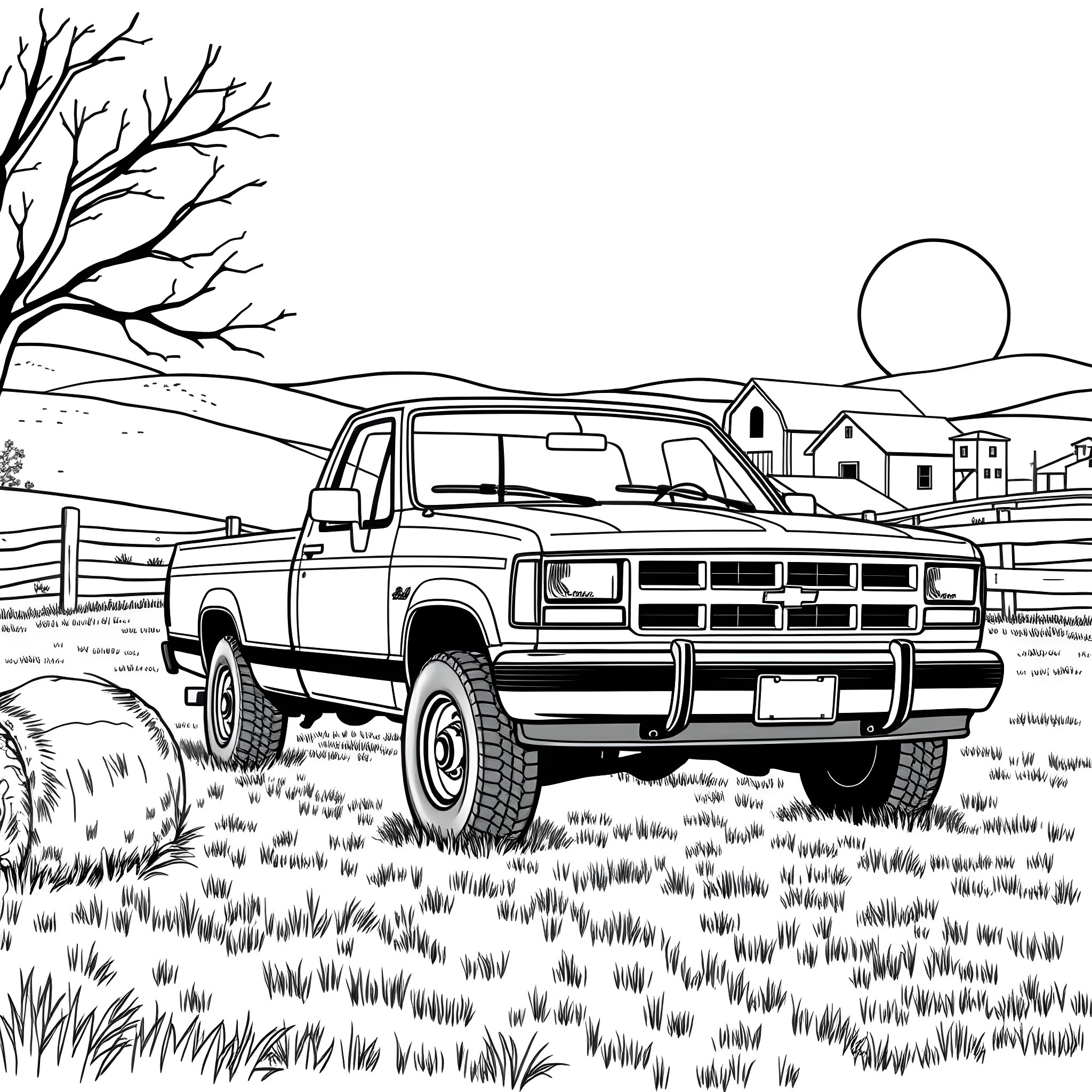 Pickup truck on a rural landscape Coloring Page (free black-and-white line drawing printable PDF for all, from beginners to advanced learners, including children, teens, adults, and seniors)