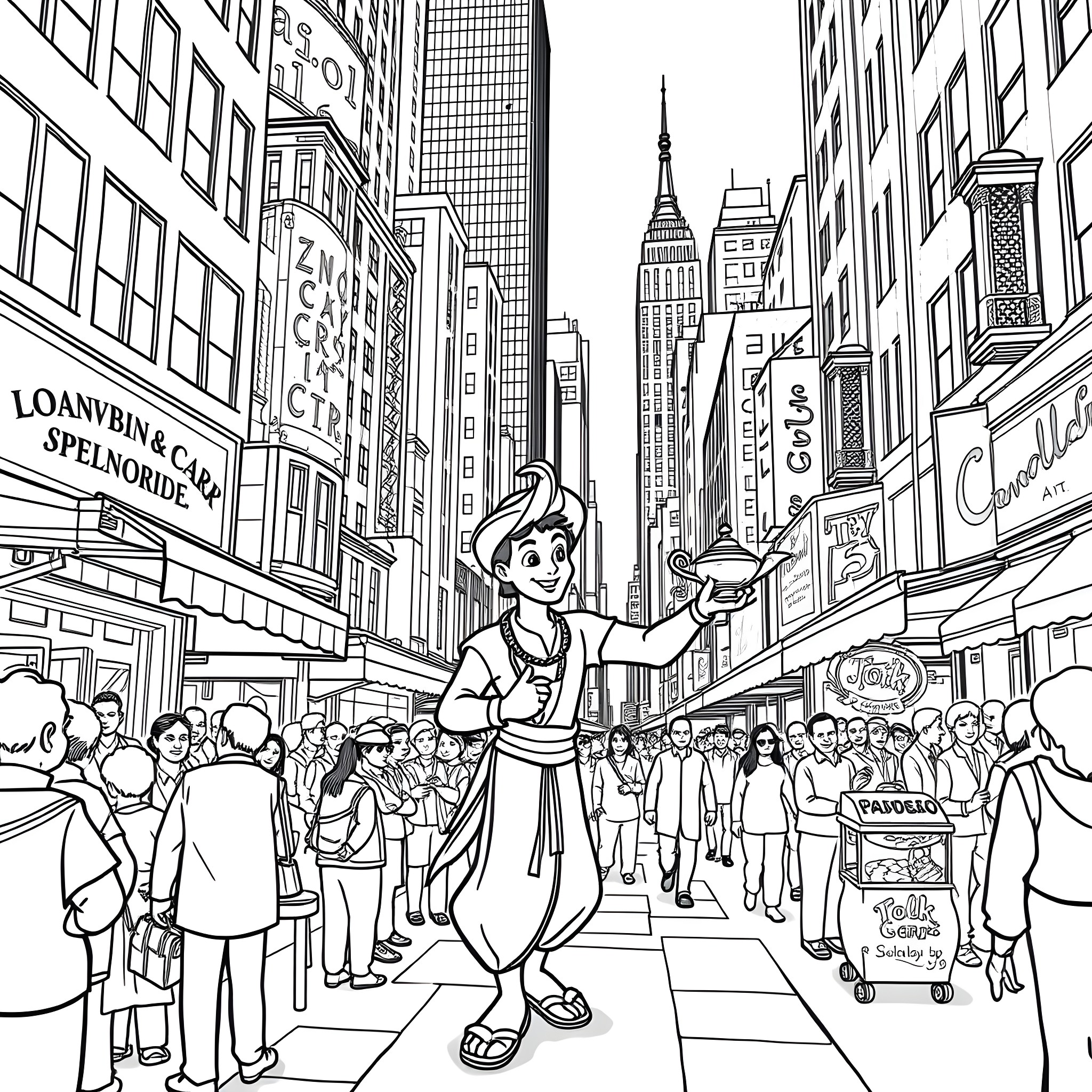 Aladdin's Adventure in the Bustling City Streets Coloring Page (free black-and-white line drawing printable PDF for all, from beginners to advanced learners, including children, teens, adults, and seniors)