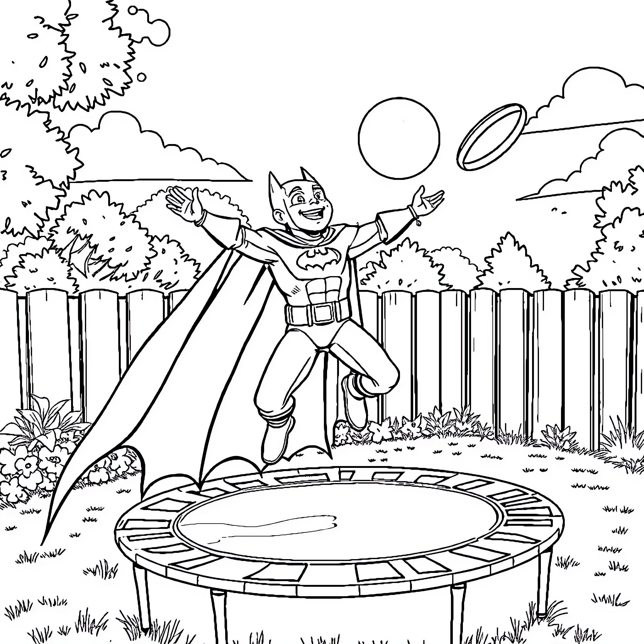 Batman leaping joyfully in a backyard setting Coloring Page (free black-and-white line drawing printable PDF for all, from beginners to advanced learners, including children, teens, adults, and seniors)
