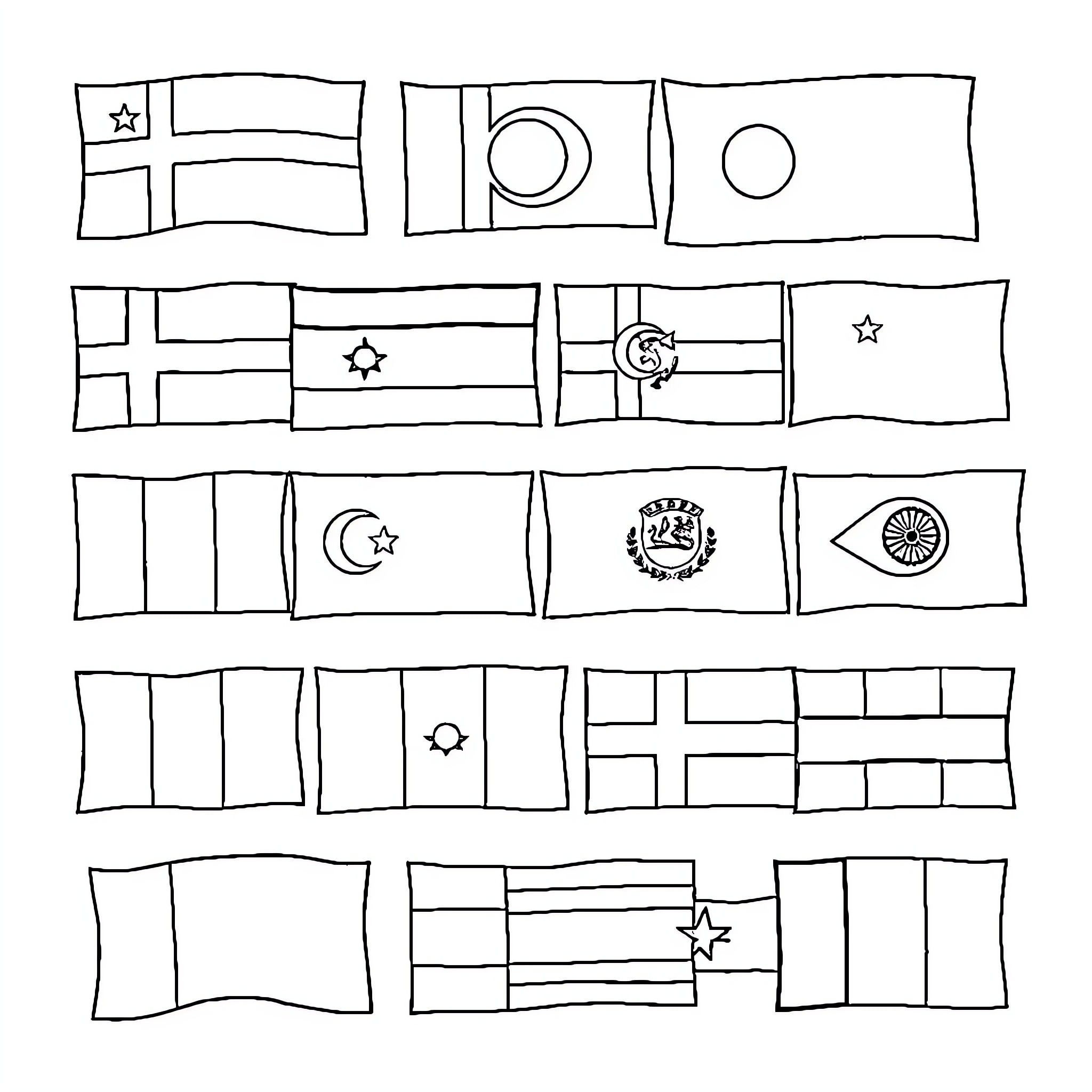 Flags of the world in simple sketch style Coloring Page (free black-and-white line drawing printable PDF for all, from beginners to advanced learners, including children, teens, adults, and seniors)