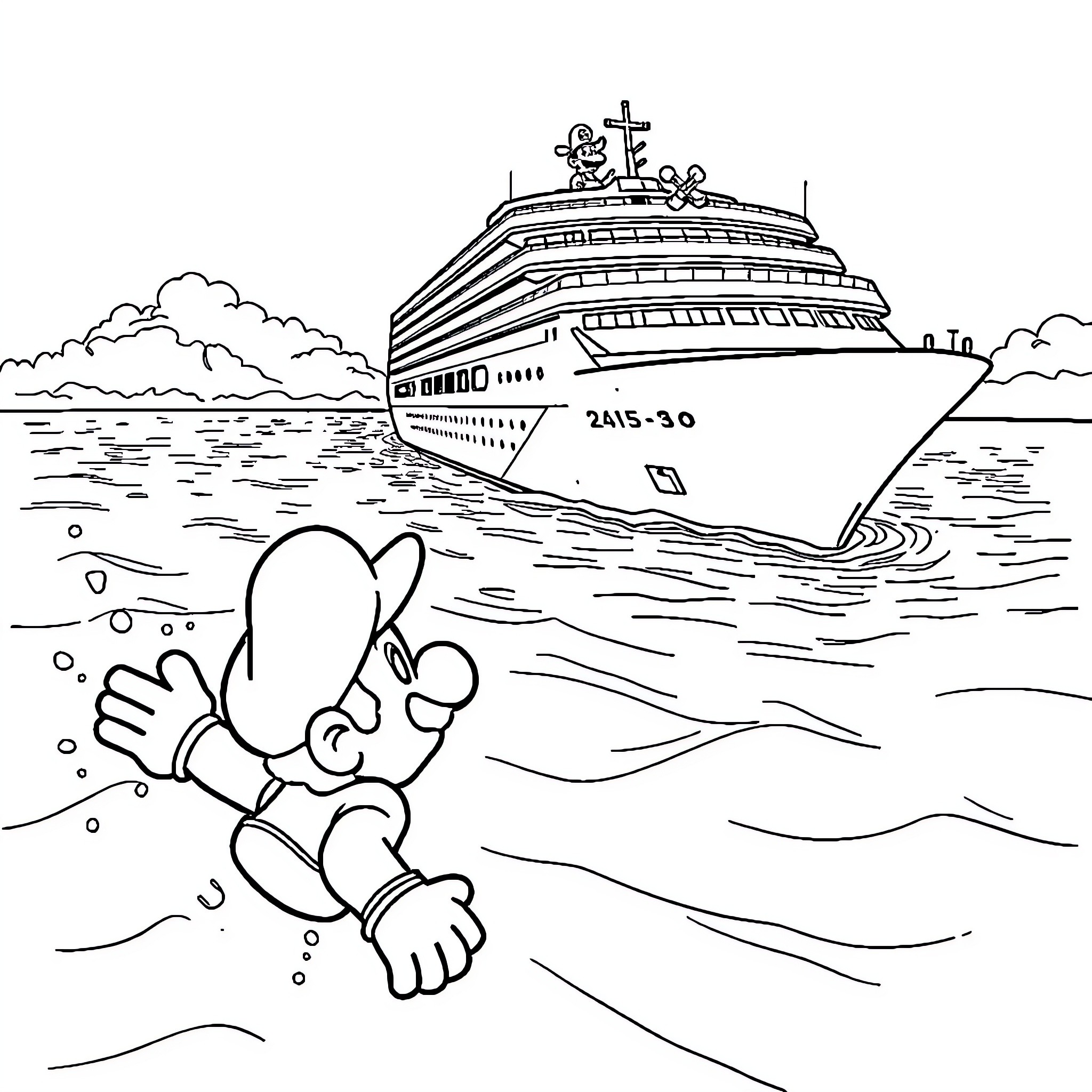 Mario swimming underwater near a cruise ship Coloring Page (free black-and-white line drawing printable PDF for all, from beginners to advanced learners, including children, teens, adults, and seniors)