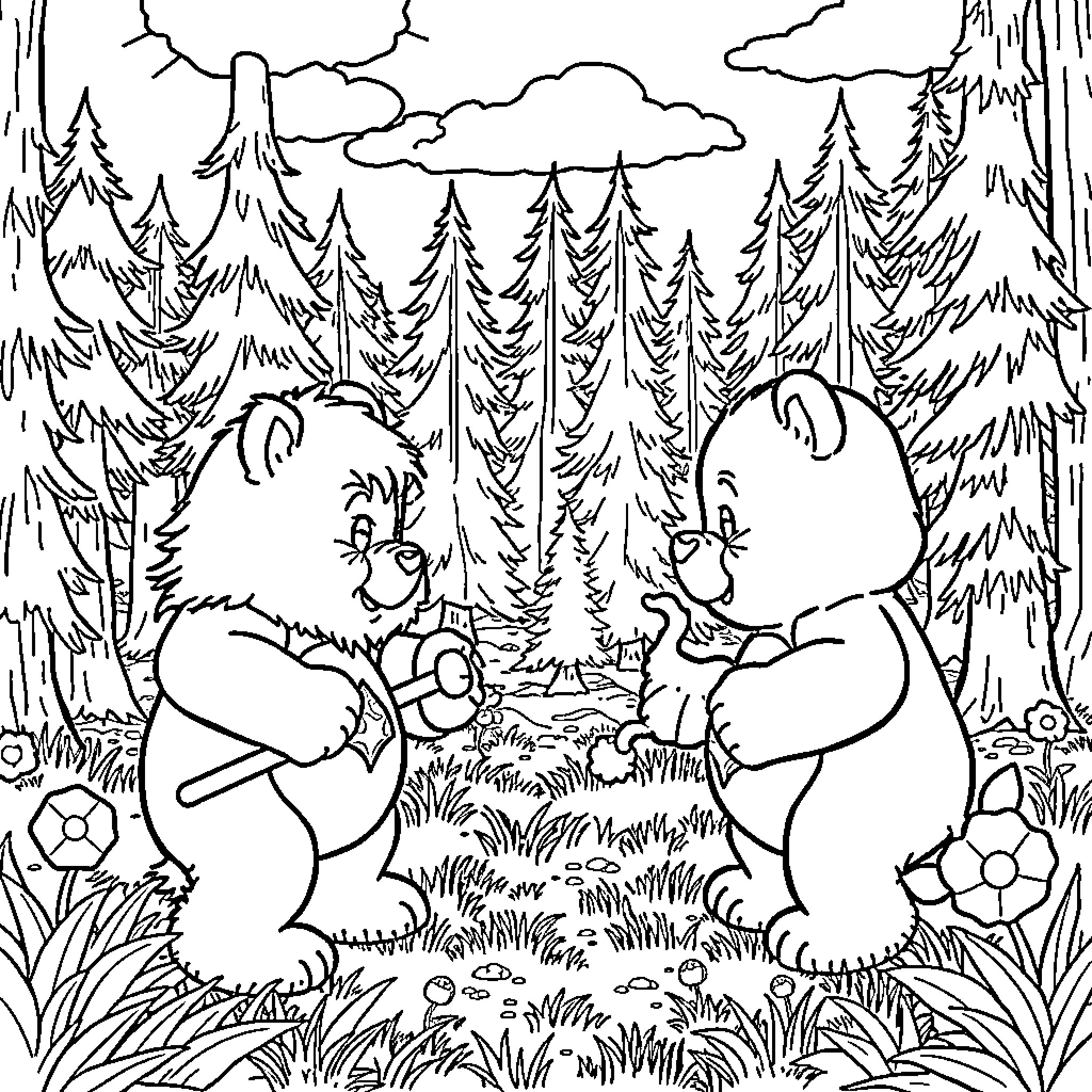 Ewok friends playing in the enchanted forest Coloring Page (free black-and-white line drawing printable PDF for all, from beginners to advanced learners, including children, teens, adults, and seniors)