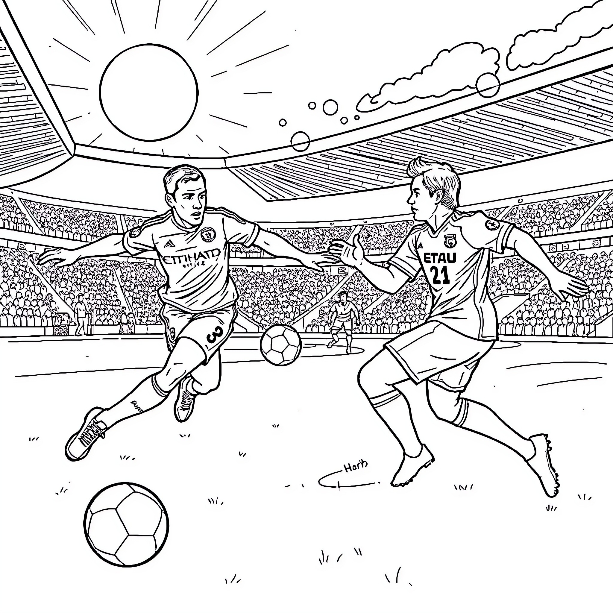 Man City players in action on the soccer field Coloring Page (free black-and-white line drawing printable PDF for all, from beginners to advanced learners, including children, teens, adults, and seniors)