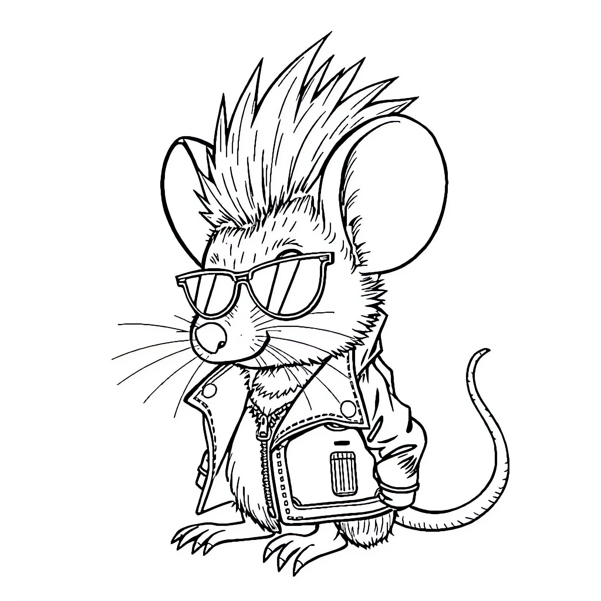 Mouse dressed in punk-inspired fashion with sunglasses Coloring Page (free black-and-white line drawing printable PDF for all, from beginners to advanced learners, including children, teens, adults, and seniors)