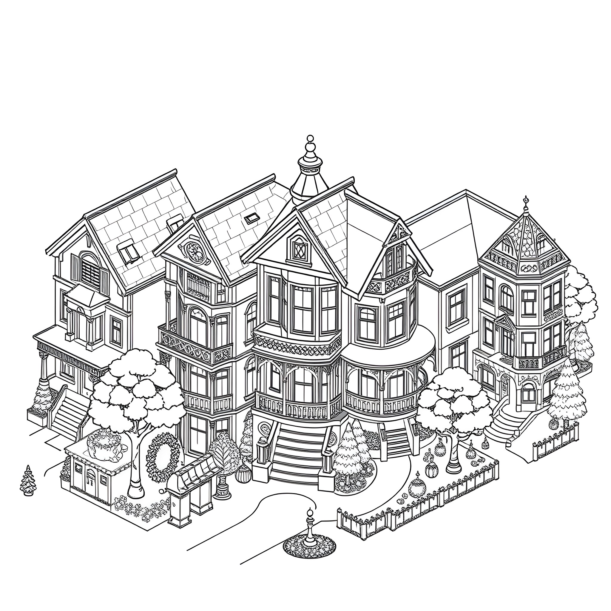 Dollhouse with intricate architectural details Coloring Page (free black-and-white line drawing printable PDF for all, from beginners to advanced learners, including children, teens, adults, and seniors)