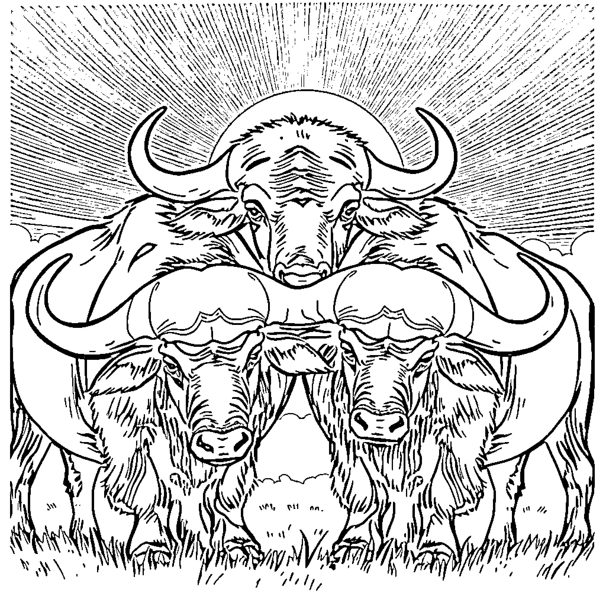 Buffalo standing tall in the sun's radiance Coloring Page (free black-and-white line drawing printable PDF for all, from beginners to advanced learners, including children, teens, adults, and seniors)