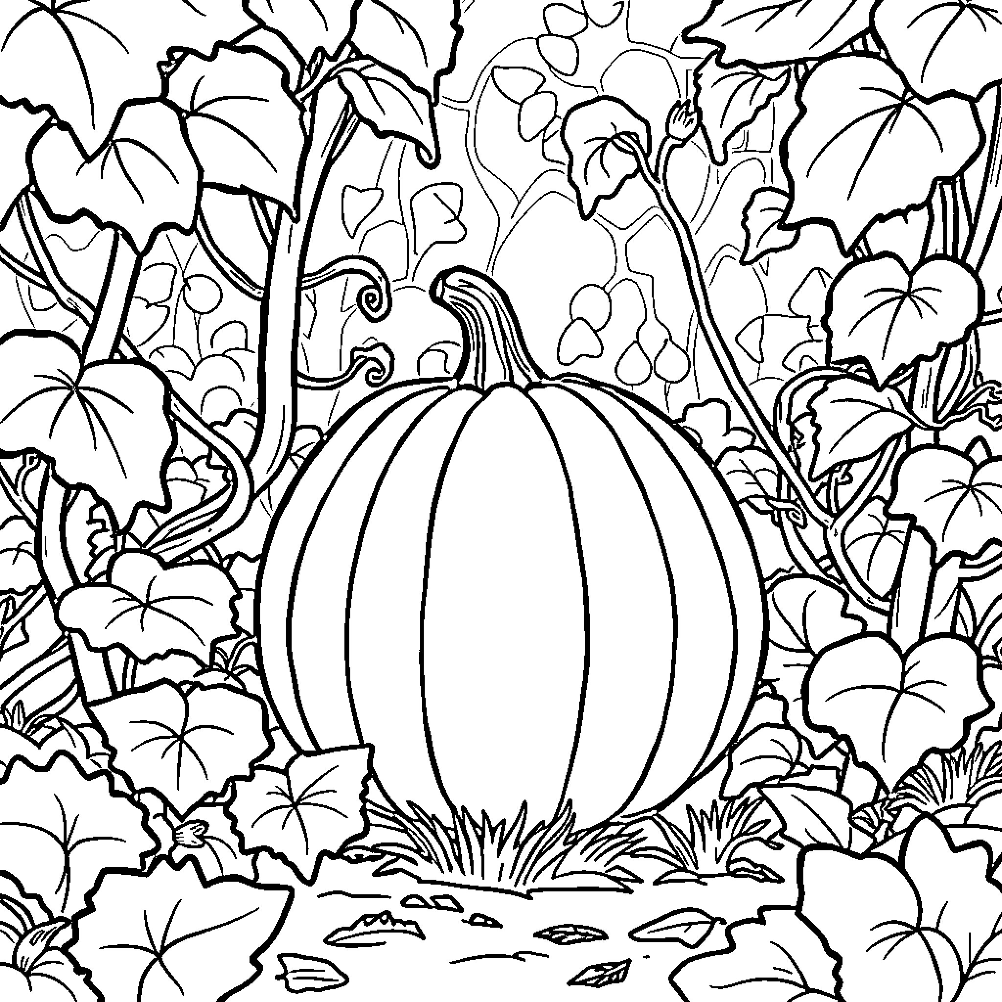 Pumpkin hidden in the autumnal forest Coloring Page (free black-and-white line drawing printable PDF for all, from beginners to advanced learners, including children, teens, adults, and seniors)