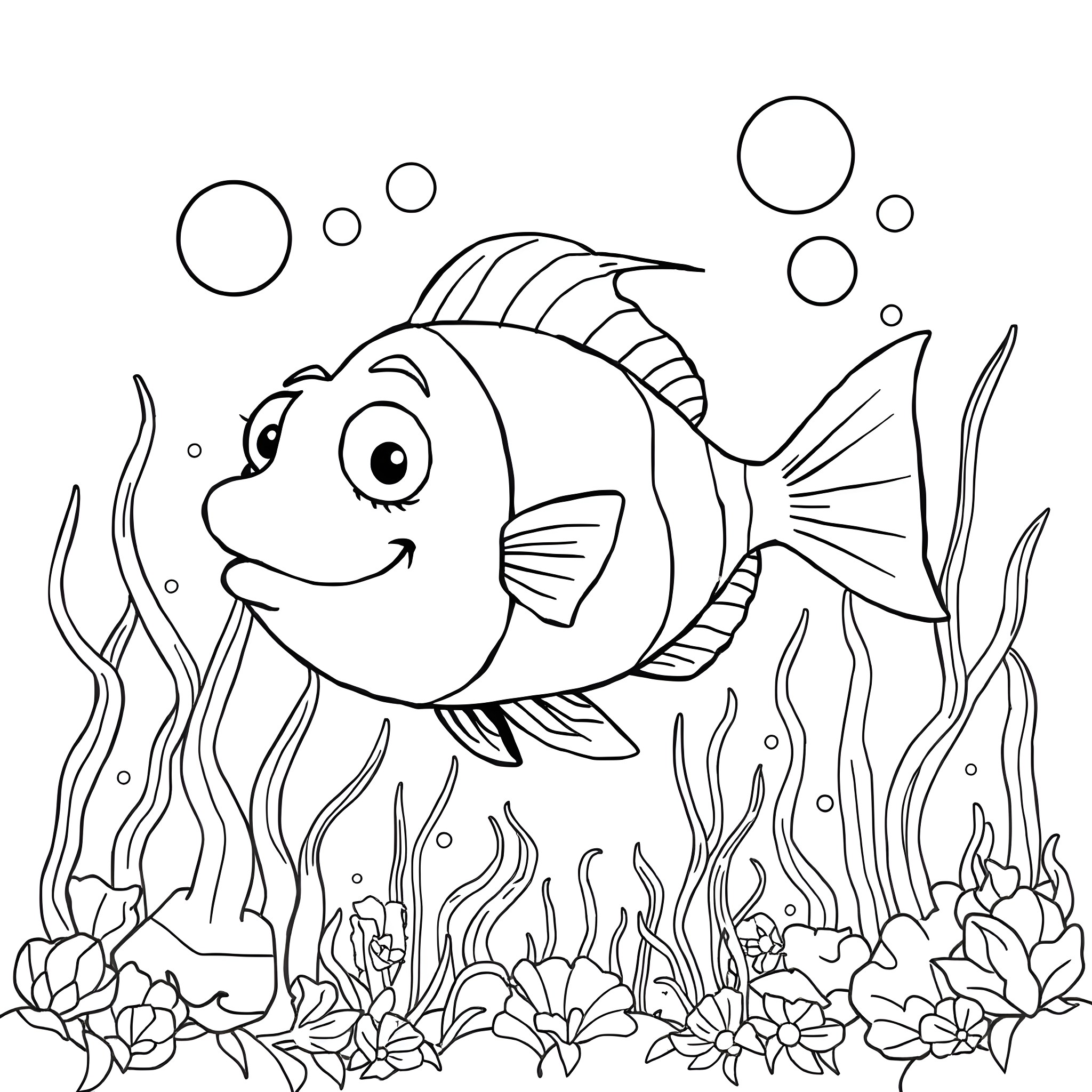 Fish swimming happily in the underwater garden Coloring Page (free black-and-white line drawing printable PDF for all, from beginners to advanced learners, including children, teens, adults, and seniors)