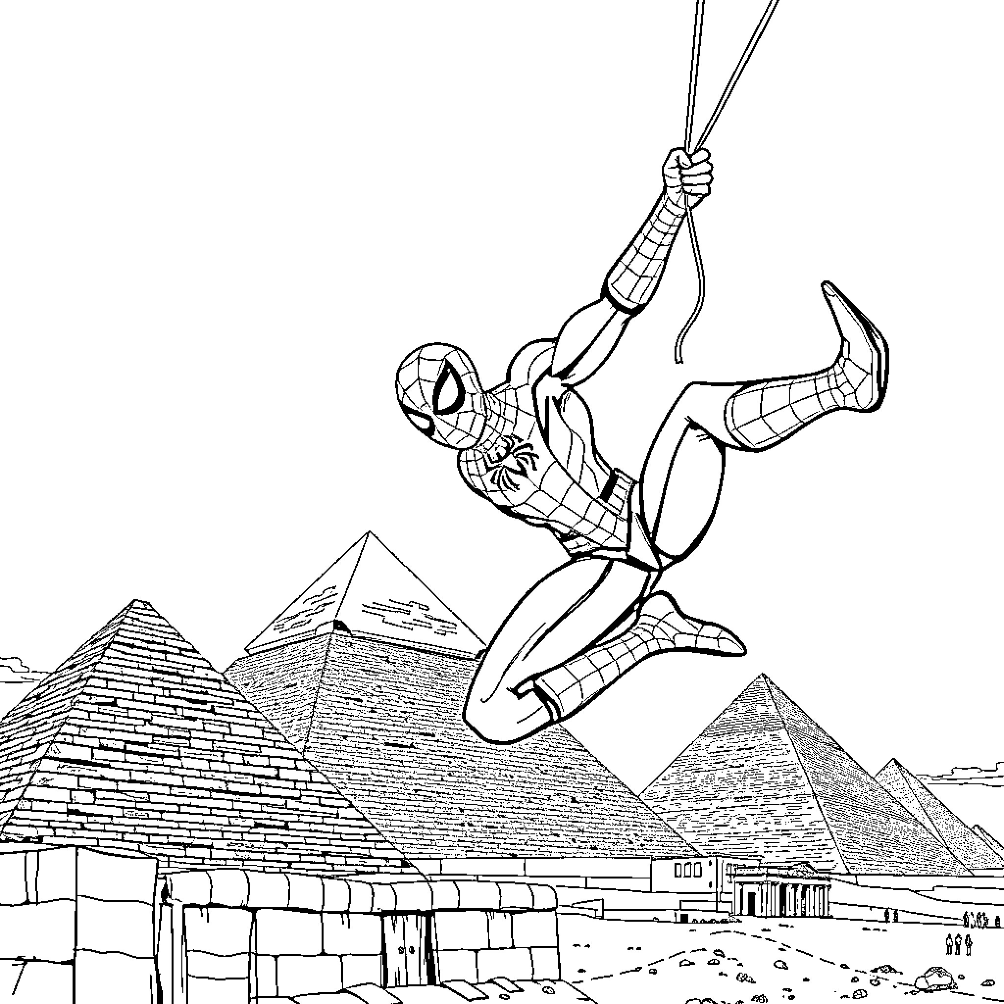 Spiderman swinging over ancient Egyptian pyramids Coloring Page (free black-and-white line drawing printable PDF for all, from beginners to advanced learners, including children, teens, adults, and seniors)