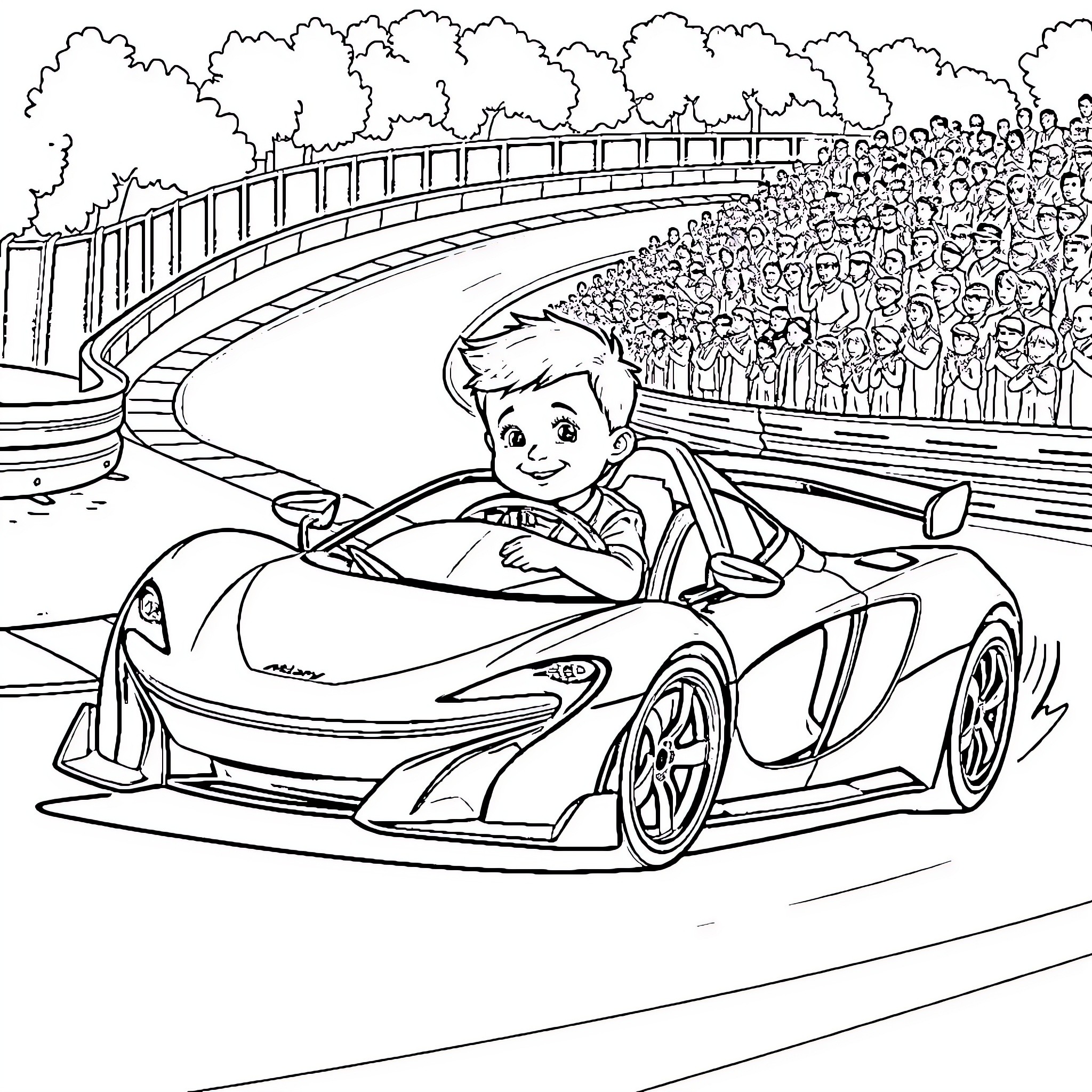 Baby driving a fast sports car on a race track Coloring Page (free black-and-white line drawing printable PDF for all, from beginners to advanced learners, including children, teens, adults, and seniors)