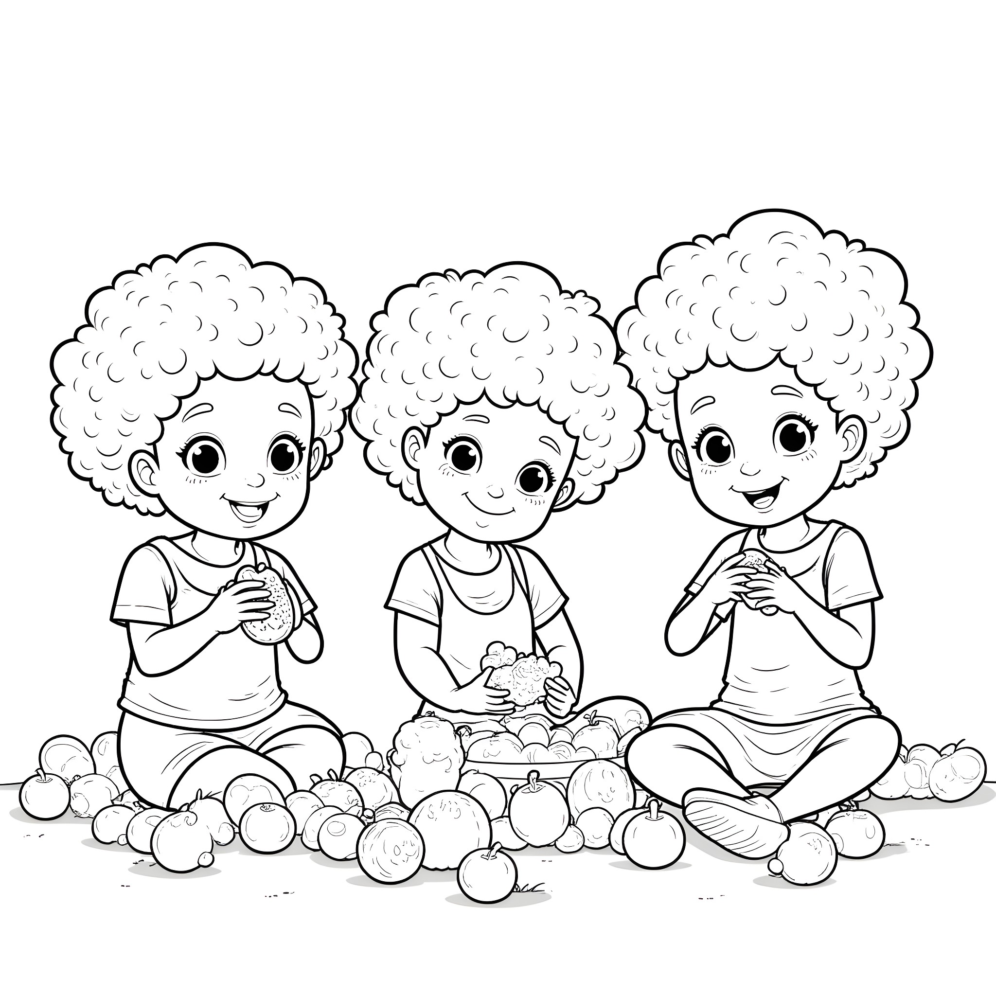 Girls playing happily with balls on the ground Coloring Page (free black-and-white line drawing printable PDF for all, from beginners to advanced learners, including children, teens, adults, and seniors)