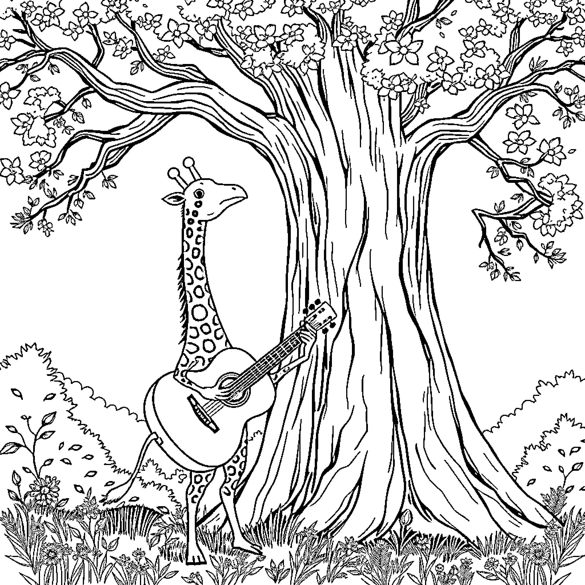 Giraffe playing guitar under blooming trees Coloring Page (free black-and-white line drawing printable PDF for all, from beginners to advanced learners, including children, teens, adults, and seniors)