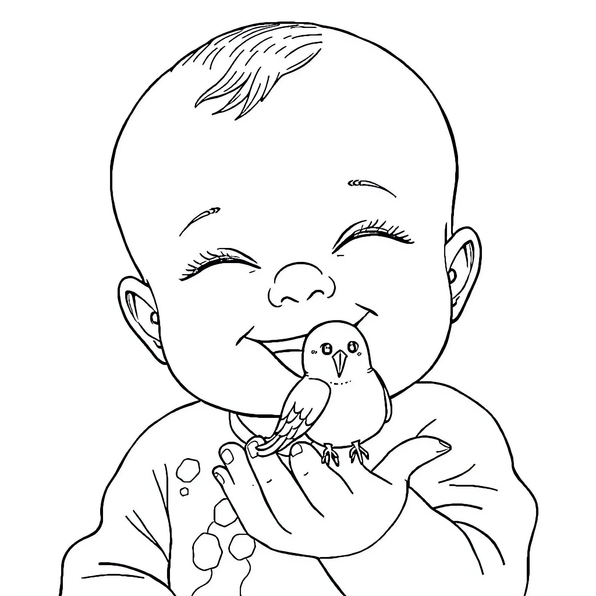 Baby playing with pet bird Coloring Page (free black-and-white line drawing printable PDF for all, from beginners to advanced learners, including children, teens, adults, and seniors)