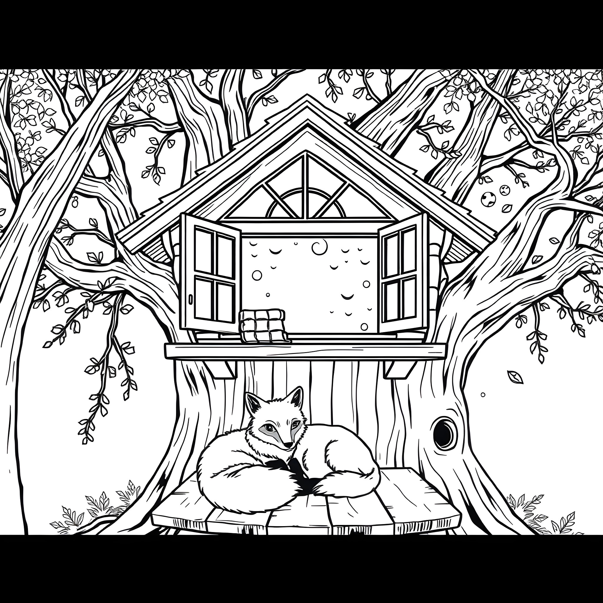 Fox resting in a cozy treehouse in the forest Coloring Page (free black-and-white line drawing printable PDF for all, from beginners to advanced learners, including children, teens, adults, and seniors)