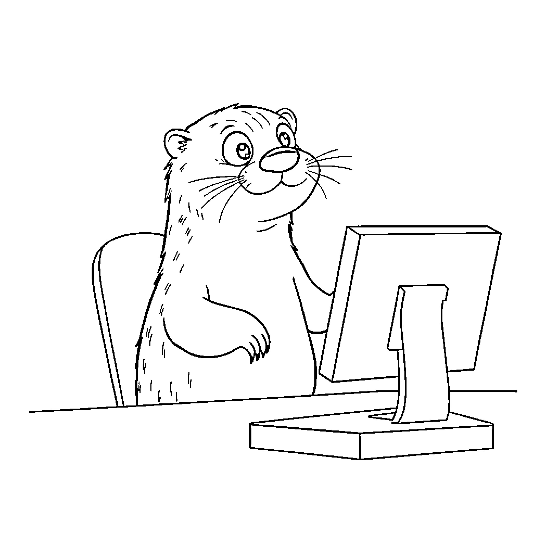 Otter working diligently on computer Coloring Page (free black-and-white line drawing printable PDF for all, from beginners to advanced learners, including children, teens, adults, and seniors)