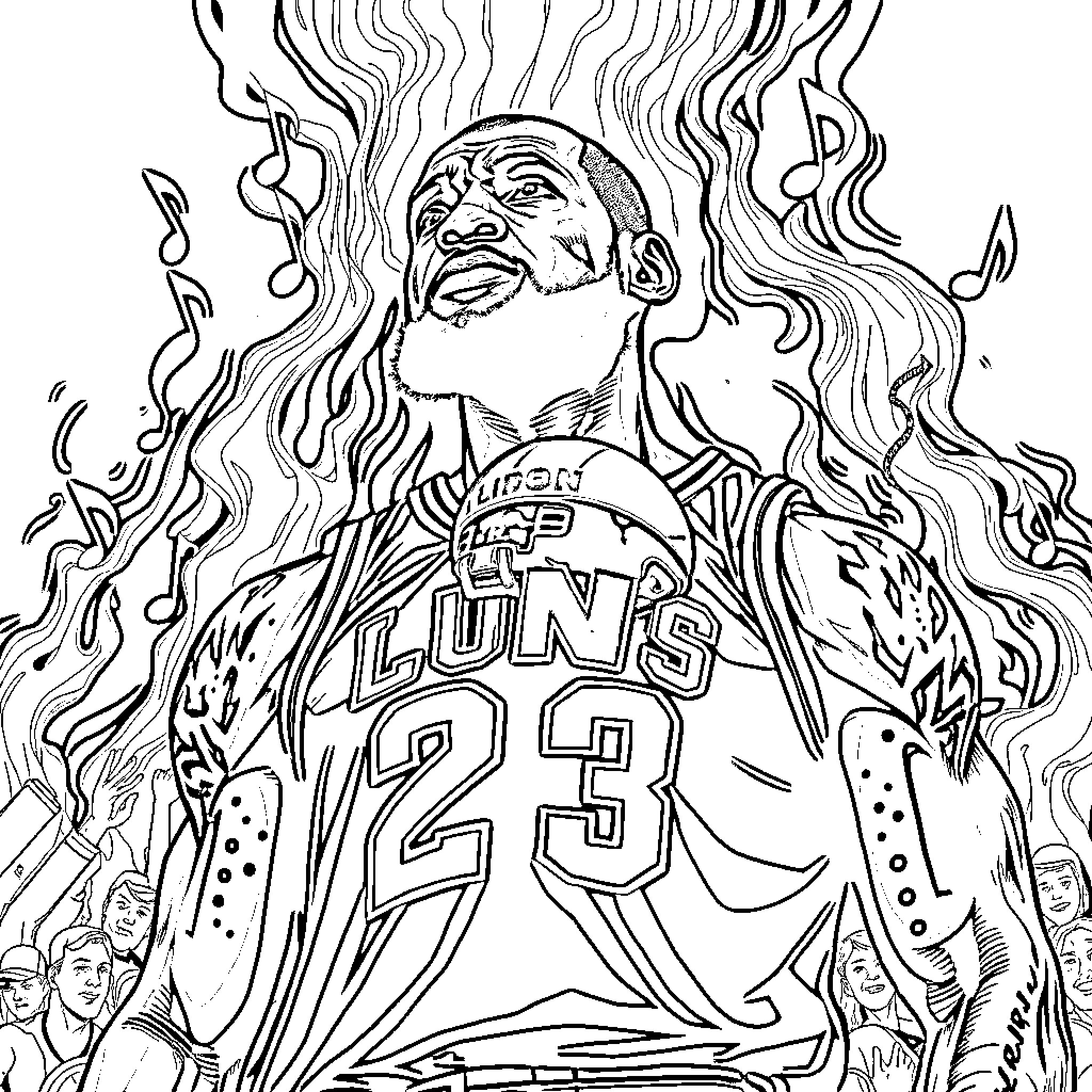 LeBron James Shining Bright on the Basketball Court Coloring Page (free black-and-white line drawing printable PDF for all, from beginners to advanced learners, including children, teens, adults, and seniors)