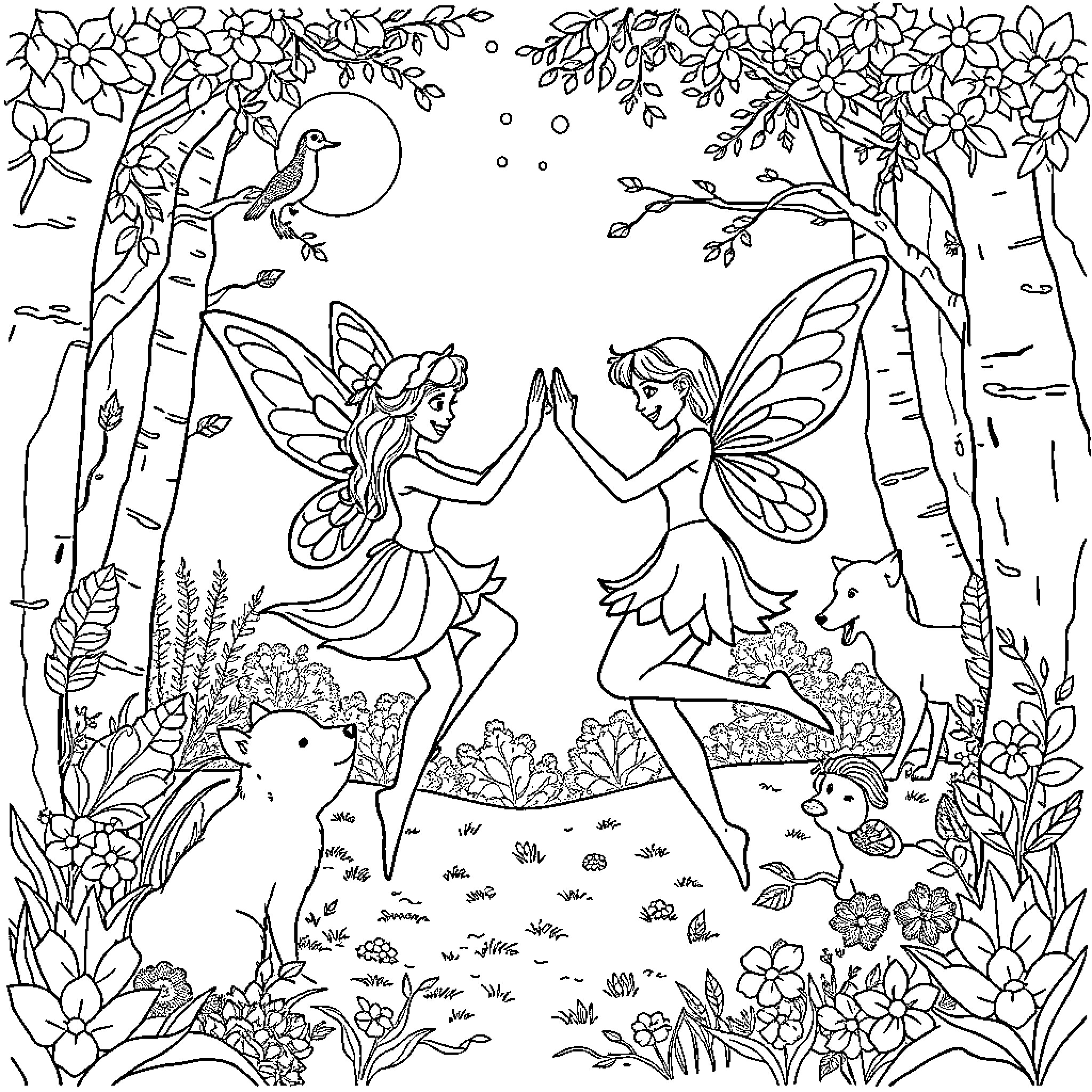 Fairy Dancers Celebrating in Enchanted Forest Coloring Page (free black-and-white line drawing printable PDF for all, from beginners to advanced learners, including children, teens, adults, and seniors)