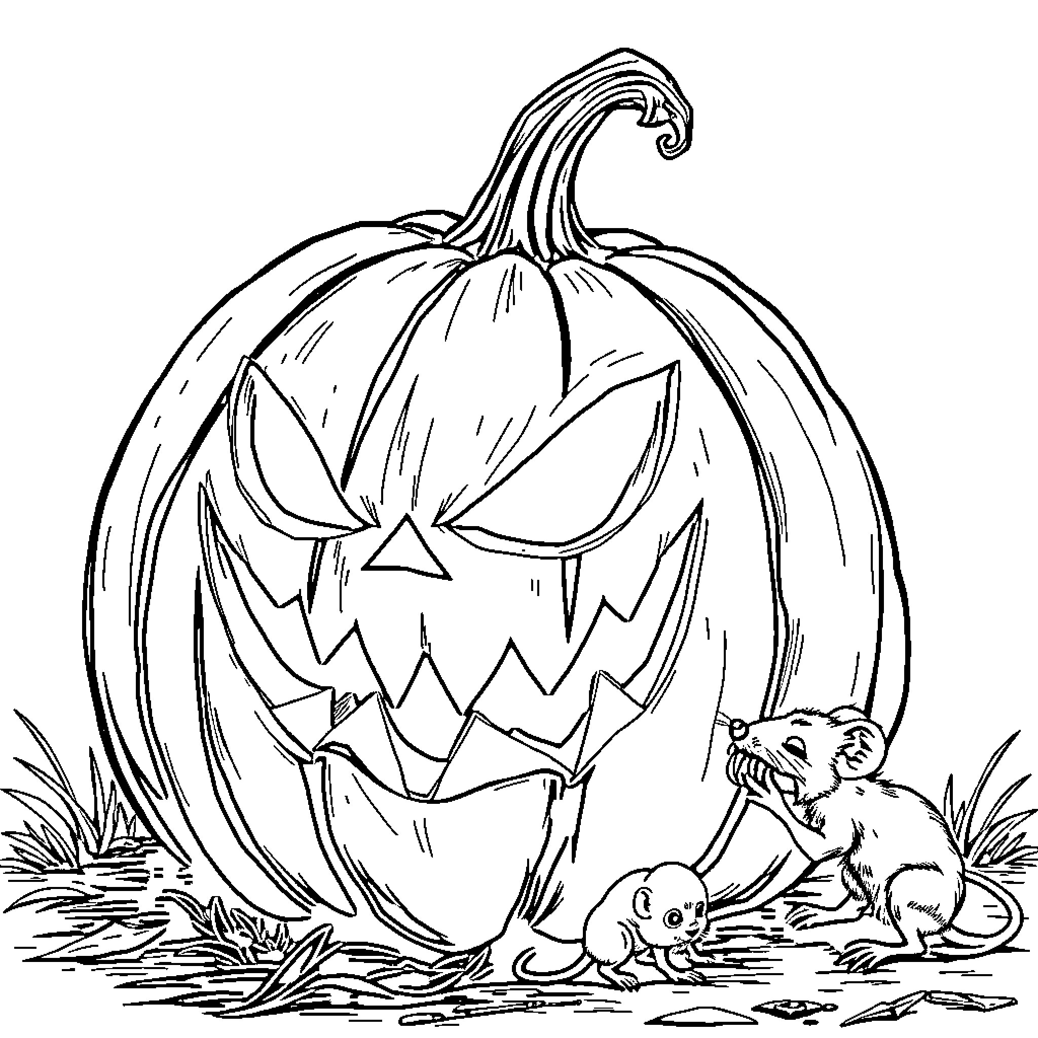 Pumpkin with spooky face and mice in the grass Coloring Page (free black-and-white line drawing printable PDF for all, from beginners to advanced learners, including children, teens, adults, and seniors)