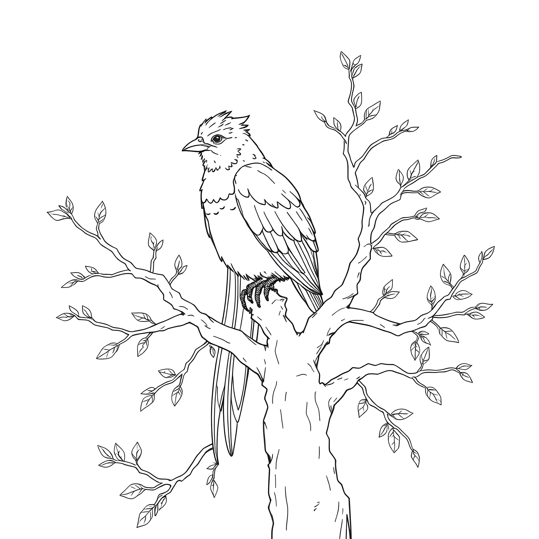 Passerina bird perched on a leafy branch Coloring Page (free black-and-white line drawing printable PDF for all, from beginners to advanced learners, including children, teens, adults, and seniors)