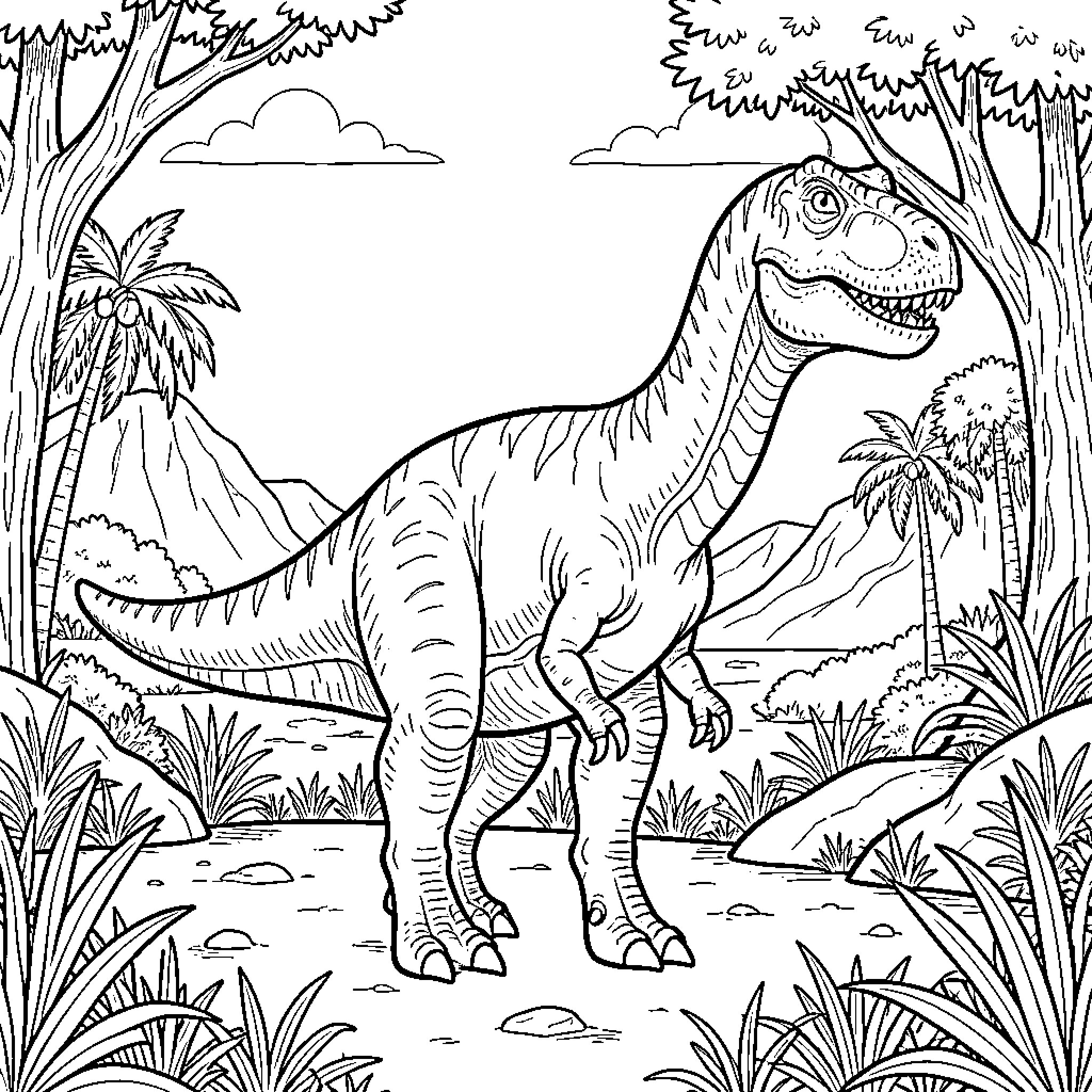Dinosaur walking through a lush tropical jungle landscape Coloring Page (free black-and-white line drawing printable PDF for all, from beginners to advanced learners, including children, teens, adults, and seniors)