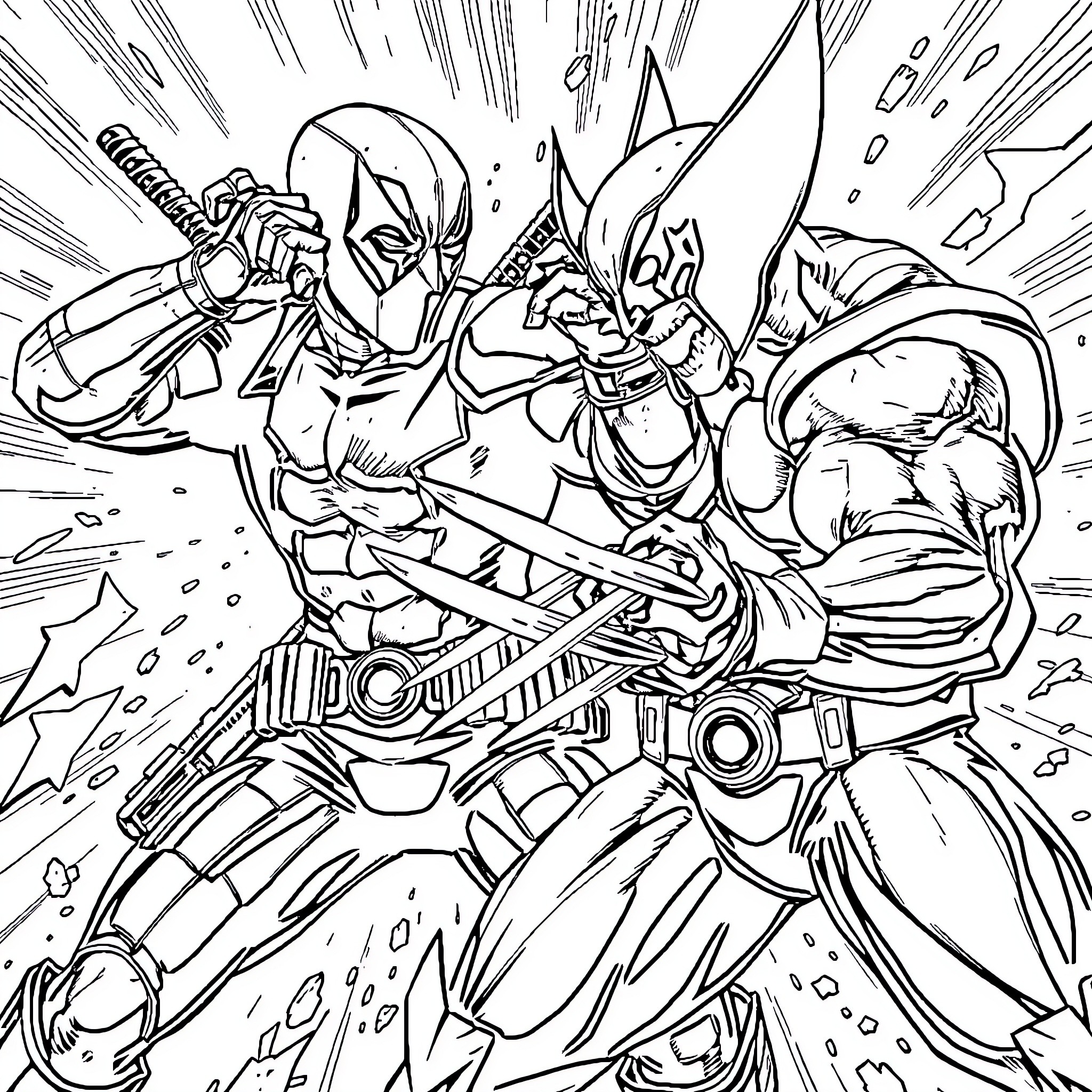 Deadpool in action-packed combat with foes Coloring Page (free black-and-white line drawing printable PDF for all, from beginners to advanced learners, including children, teens, adults, and seniors)