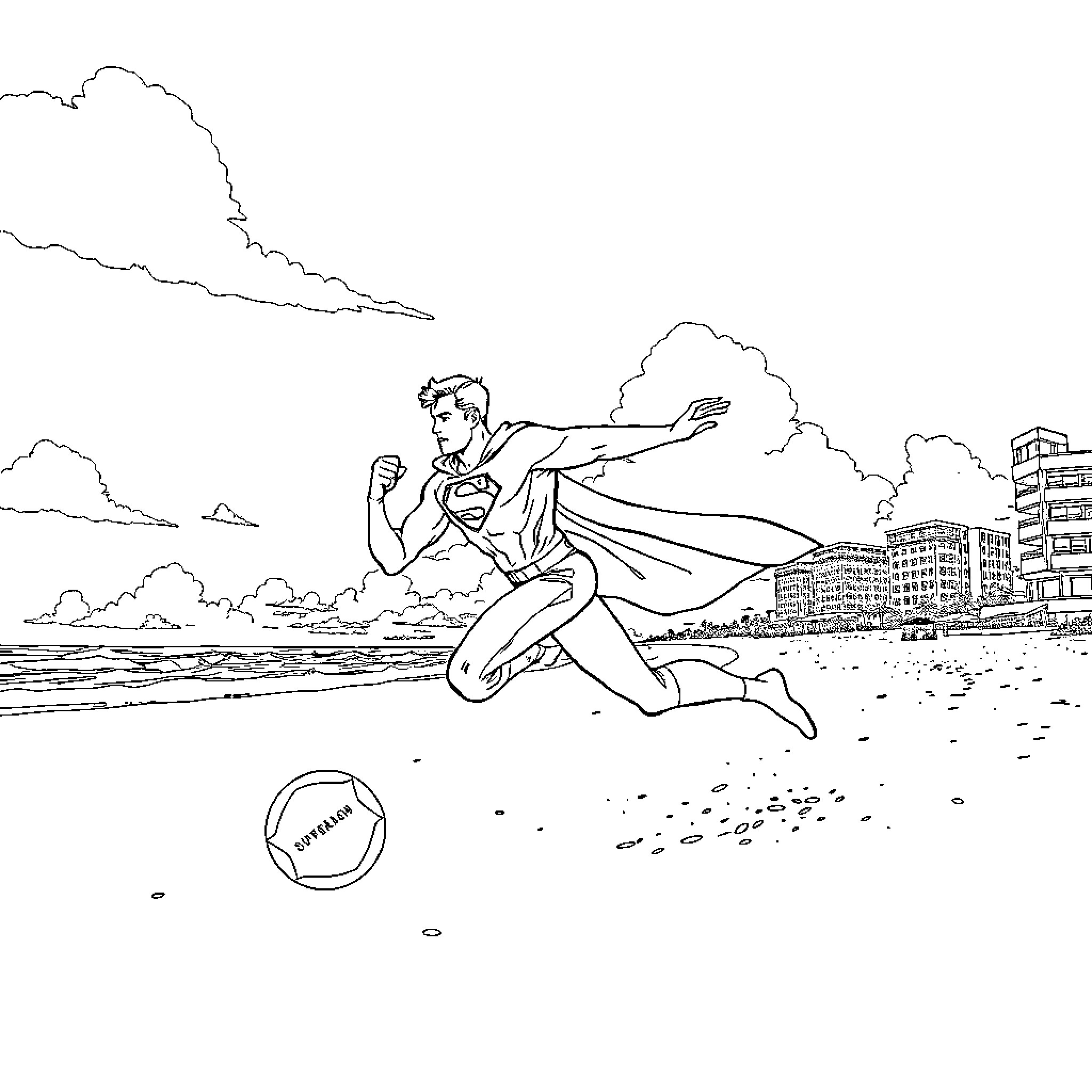 Superman flies over the city on the beach Coloring Page (free black-and-white line drawing printable PDF for all, from beginners to advanced learners, including children, teens, adults, and seniors)