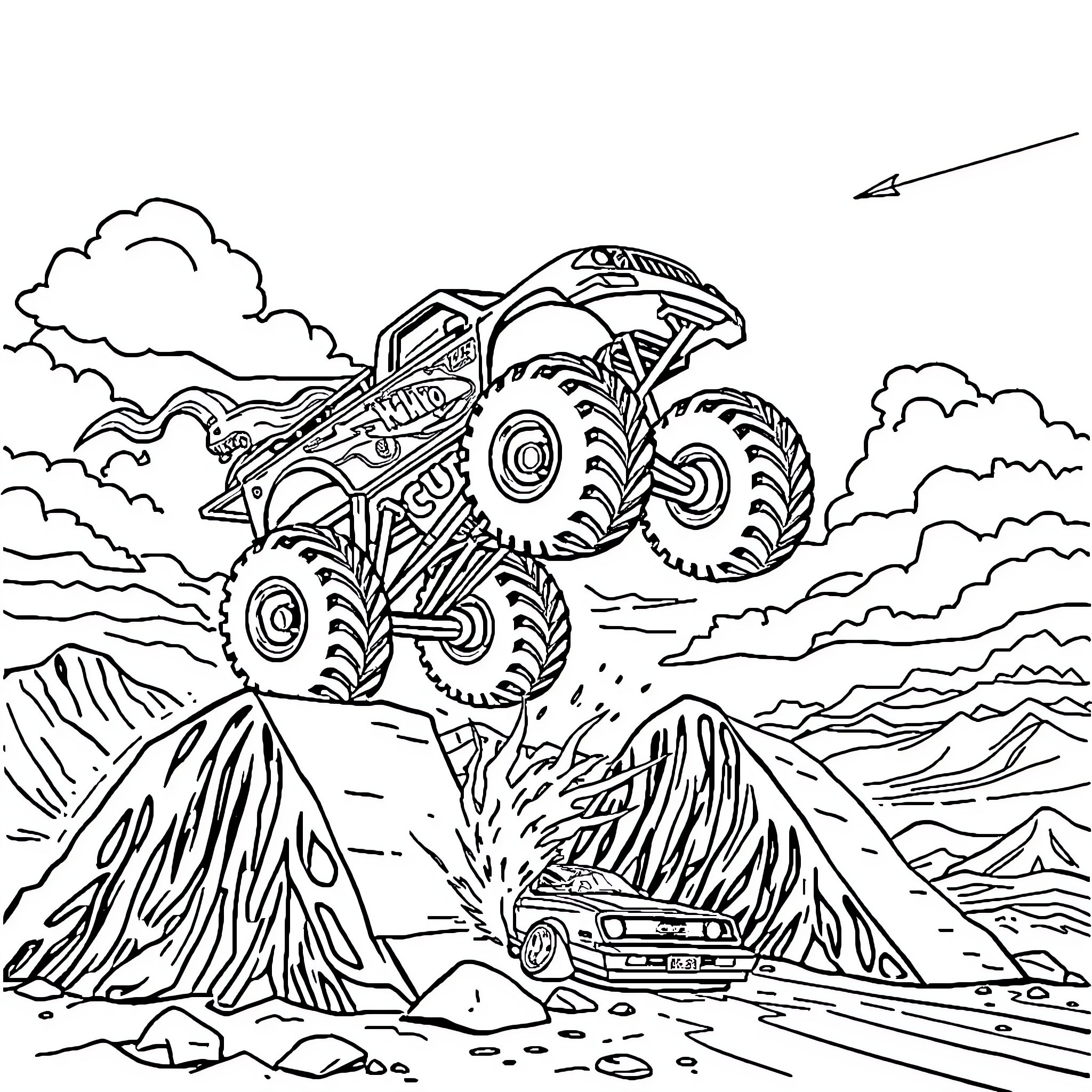 Monster Truck Soaring Over Rugged Terrain Coloring Page (free black-and-white line drawing printable PDF for all, from beginners to advanced learners, including children, teens, adults, and seniors)