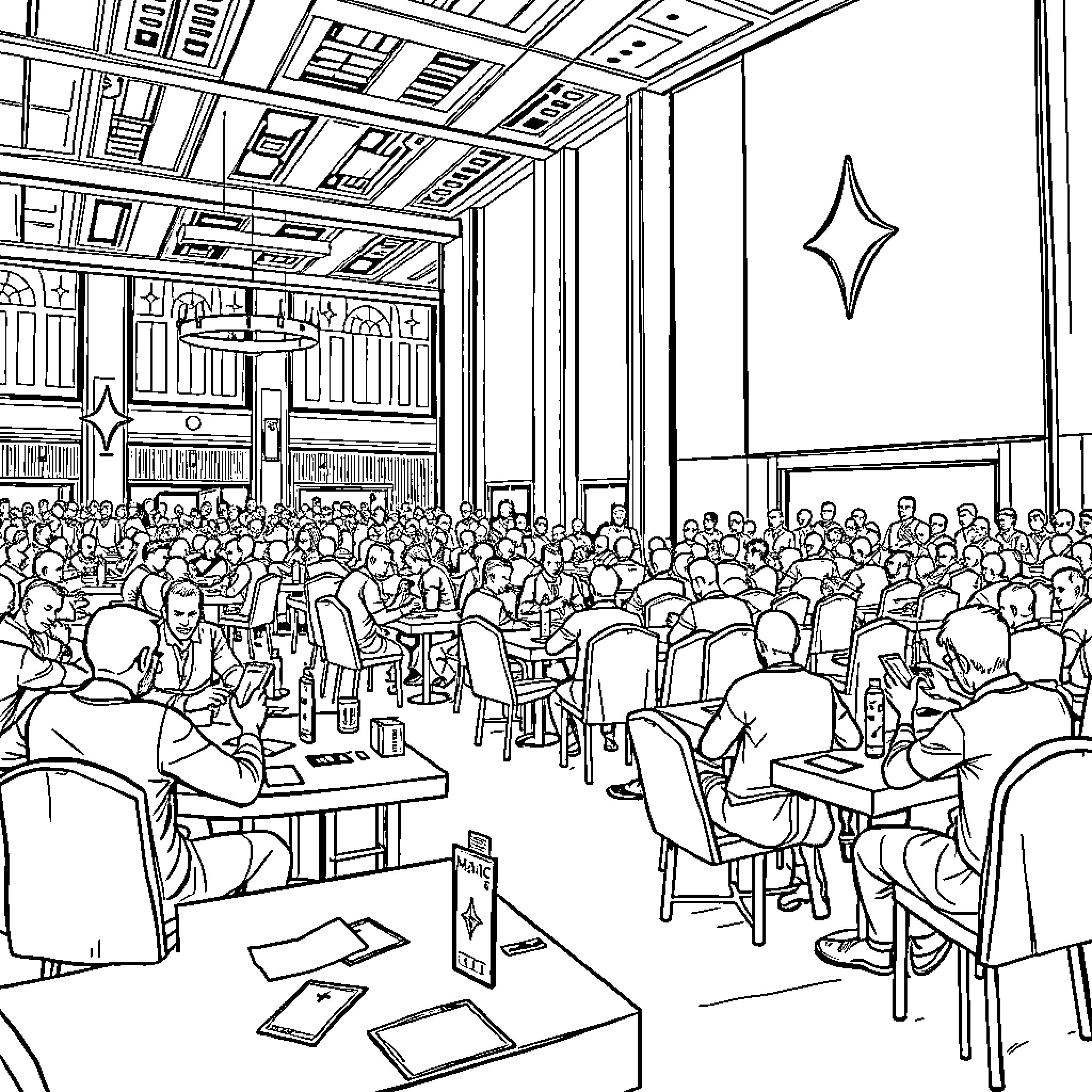 Magic The Gathering: Crowd at a tournament event Coloring Page (free black-and-white line drawing printable PDF for all, from beginners to advanced learners, including children, teens, adults, and seniors)