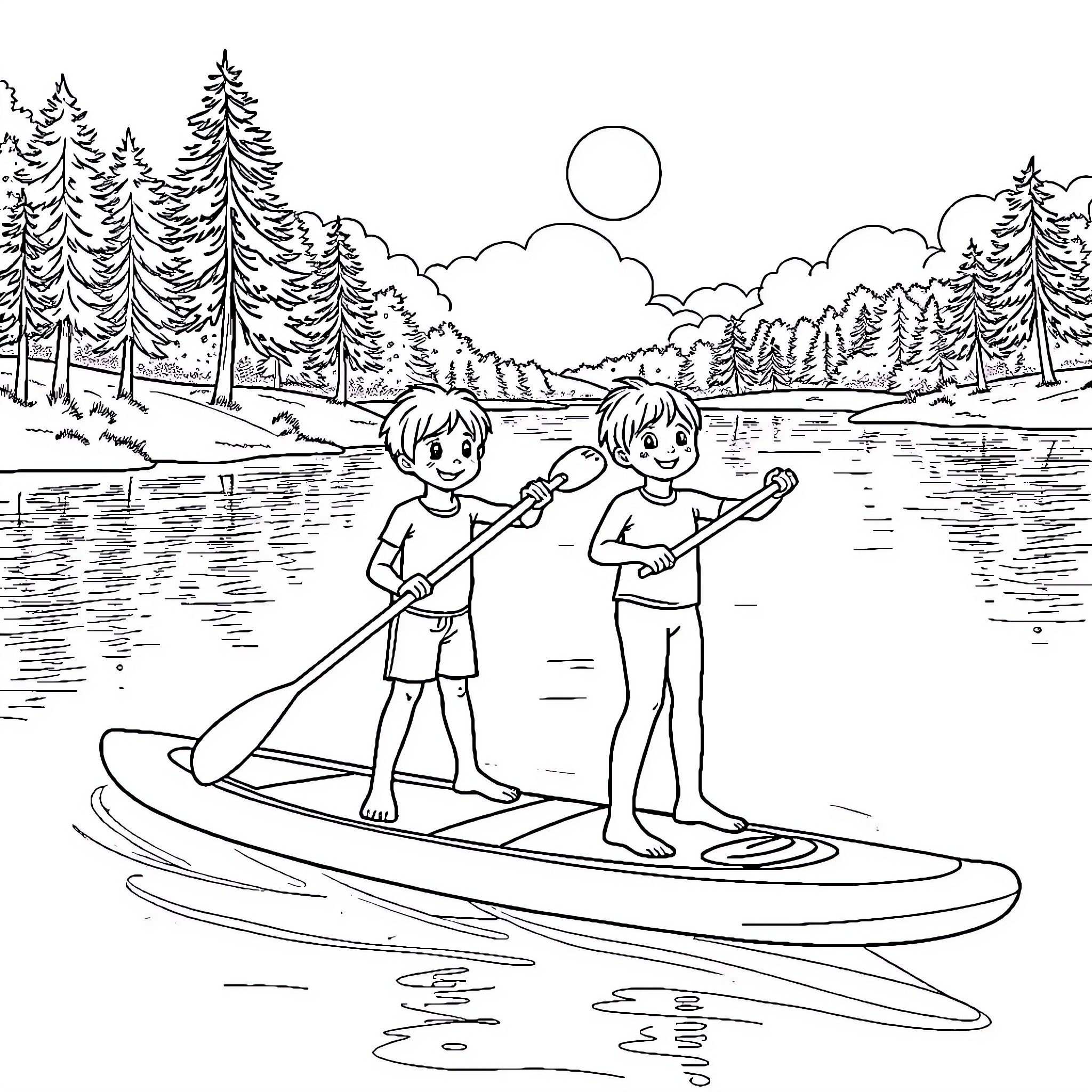Kids paddleboarding on a lake in nature Coloring Page (free black-and-white line drawing printable PDF for all, from beginners to advanced learners, including children, teens, adults, and seniors)