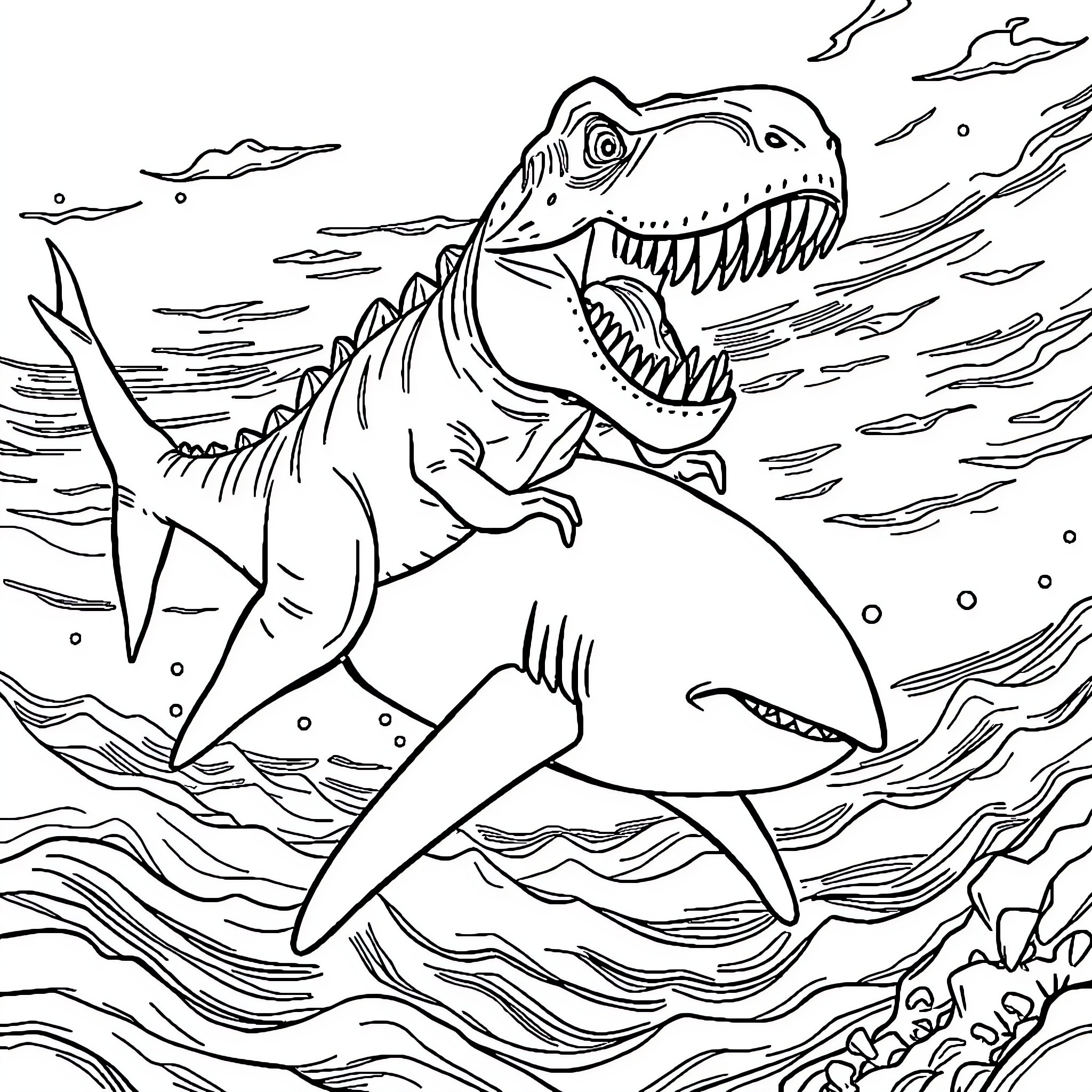 T-Rex Battling Sharks in the Stormy Seas Coloring Page (free black-and-white line drawing printable PDF for all, from beginners to advanced learners, including children, teens, adults, and seniors)