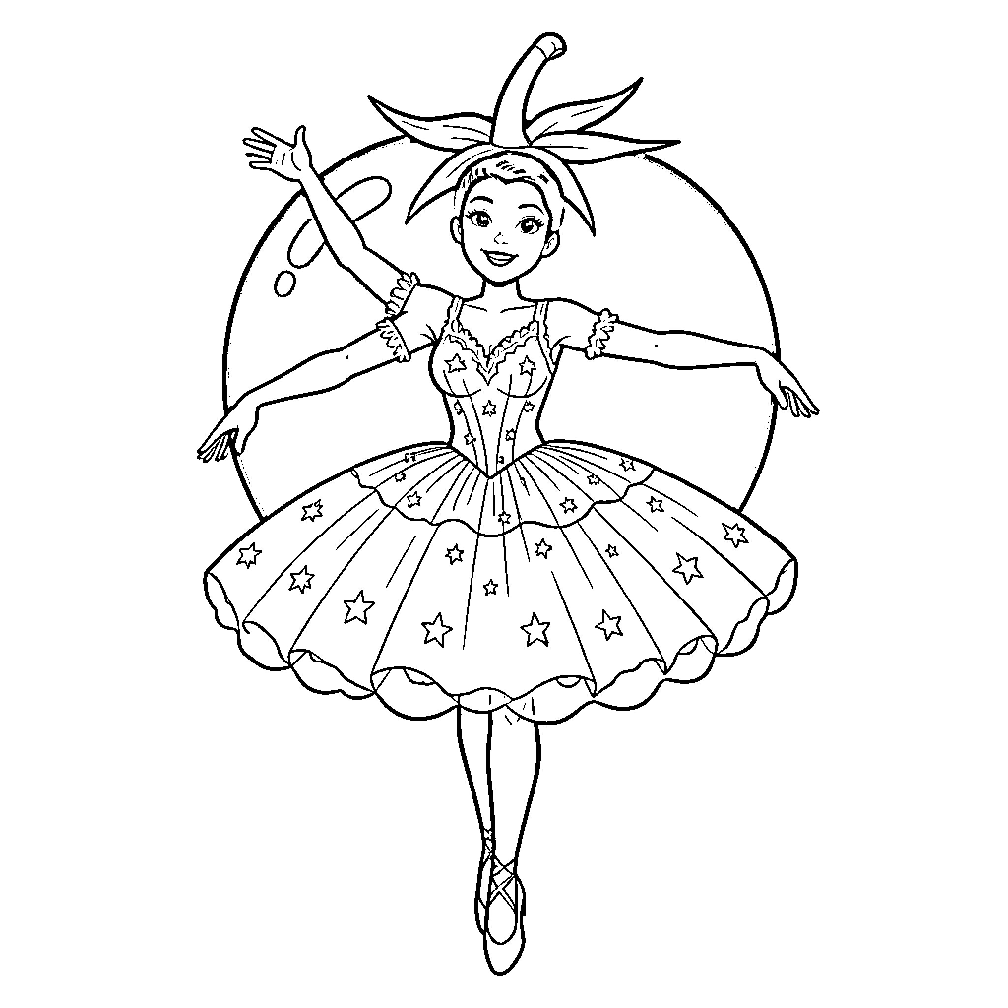 Tomato ballerina dancing on stage Coloring Page (free black-and-white line drawing printable PDF for all, from beginners to advanced learners, including children, teens, adults, and seniors)