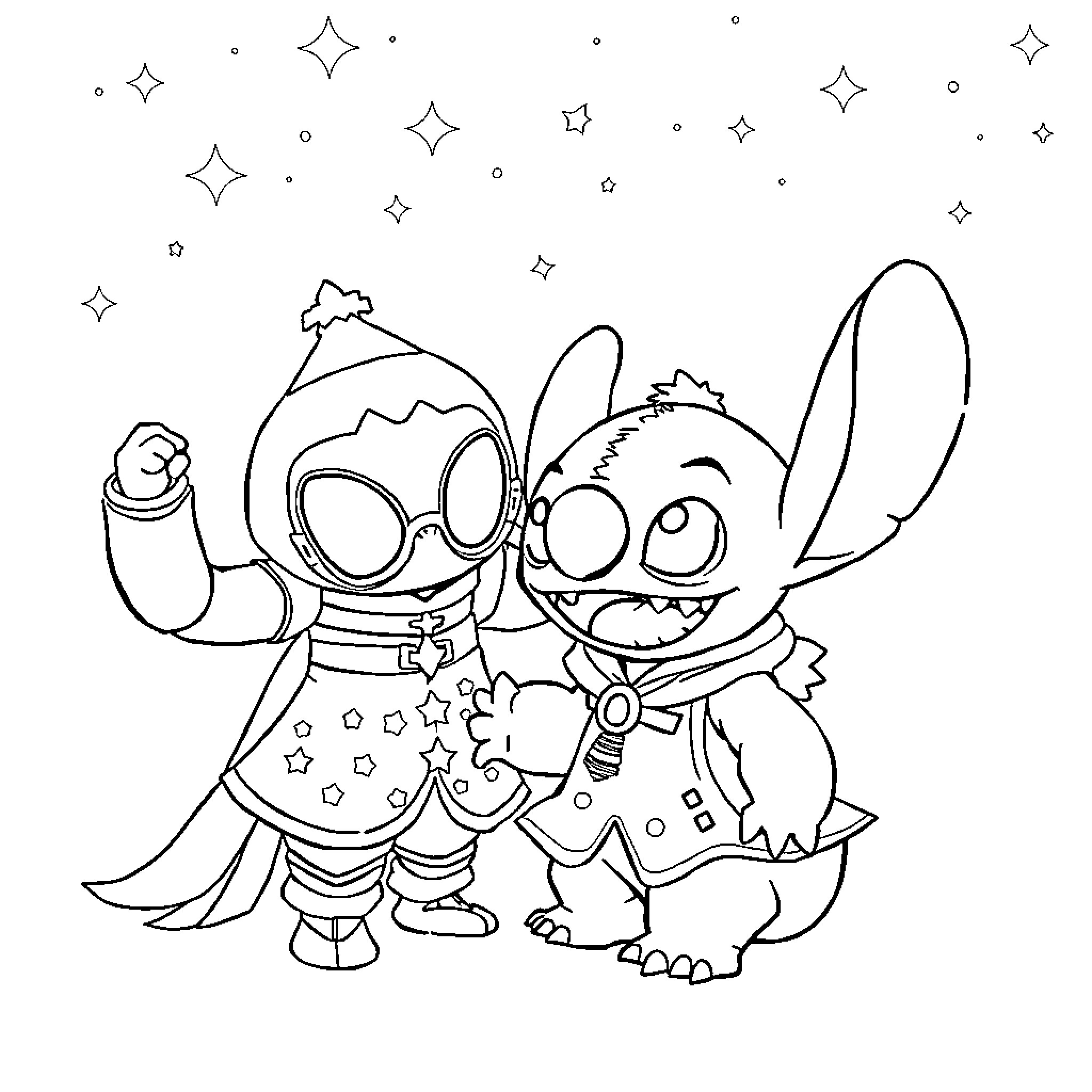 K Pop Demon Stitch and Jumba in Colorful Costumes Coloring Page (free black-and-white line drawing printable PDF for all, from beginners to advanced learners, including children, teens, adults, and seniors)