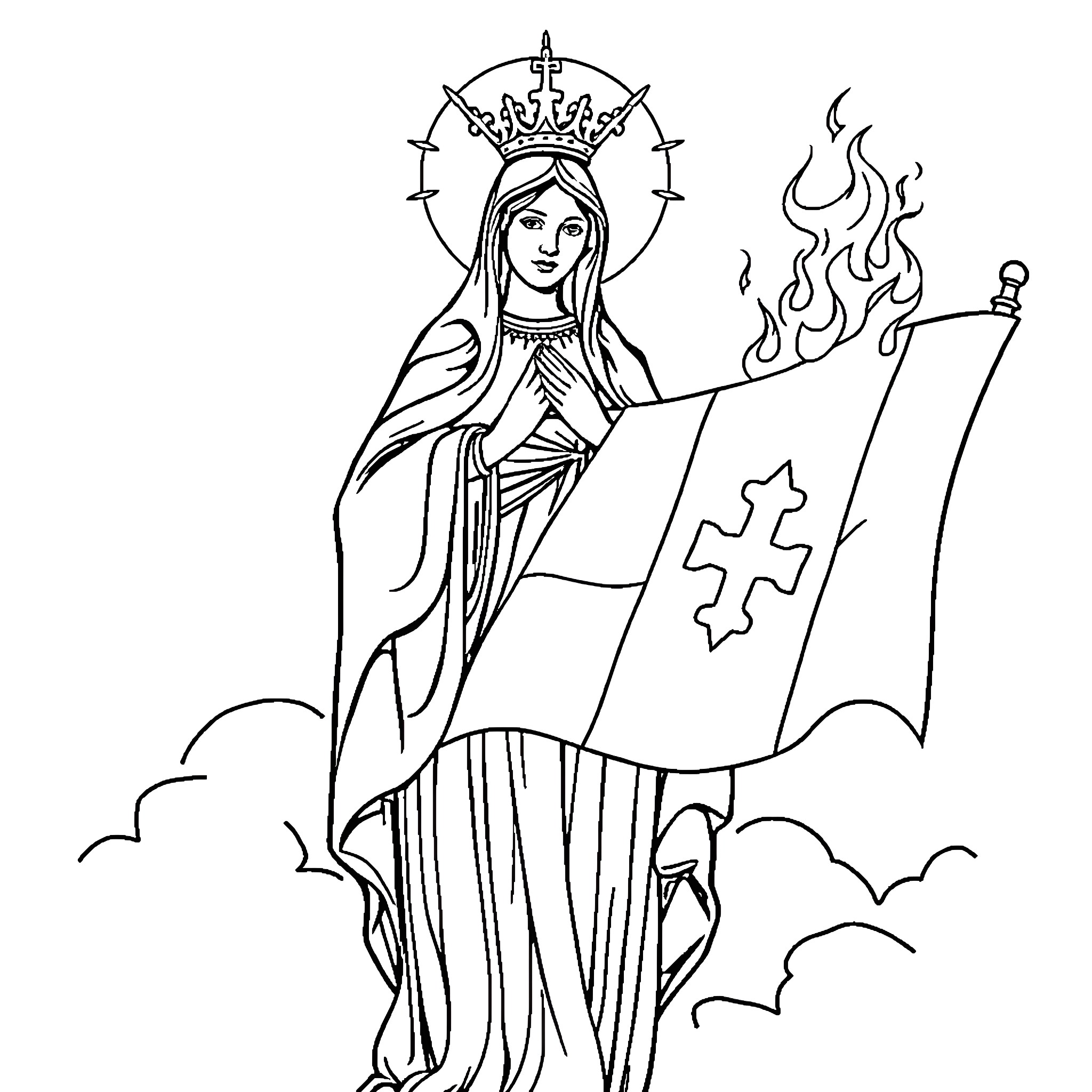 Virgin Mary in holy robes holding a cross flag Coloring Page (free black-and-white line drawing printable PDF for all, from beginners to advanced learners, including children, teens, adults, and seniors)