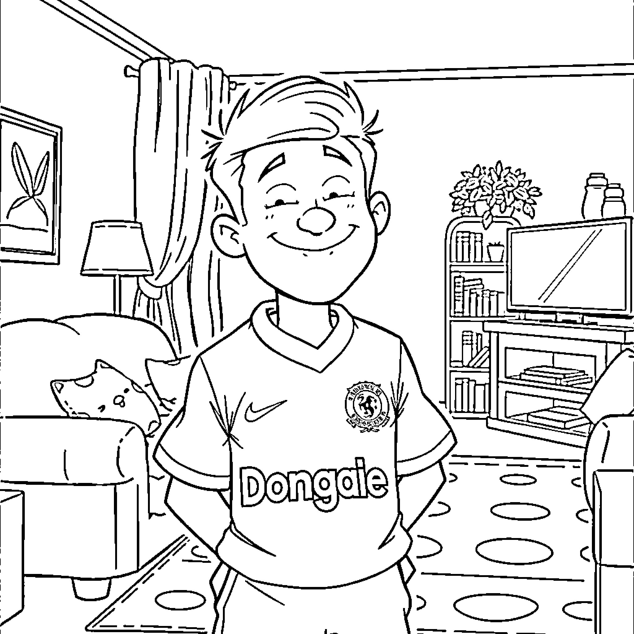 Kevin's Cozy Room with Playful Pet Coloring Page (free black-and-white line drawing printable PDF for all, from beginners to advanced learners, including children, teens, adults, and seniors)