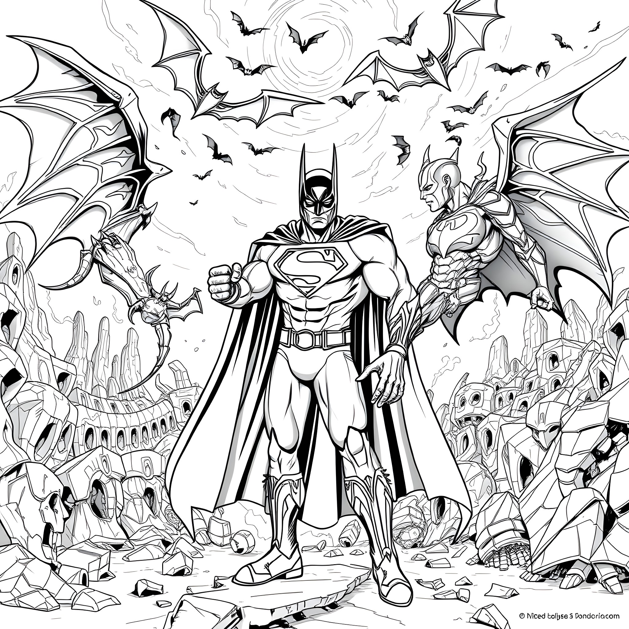 Superman Battles Villains in Dramatic Scene Coloring Page (free black-and-white line drawing printable PDF for all, from beginners to advanced learners, including children, teens, adults, and seniors)