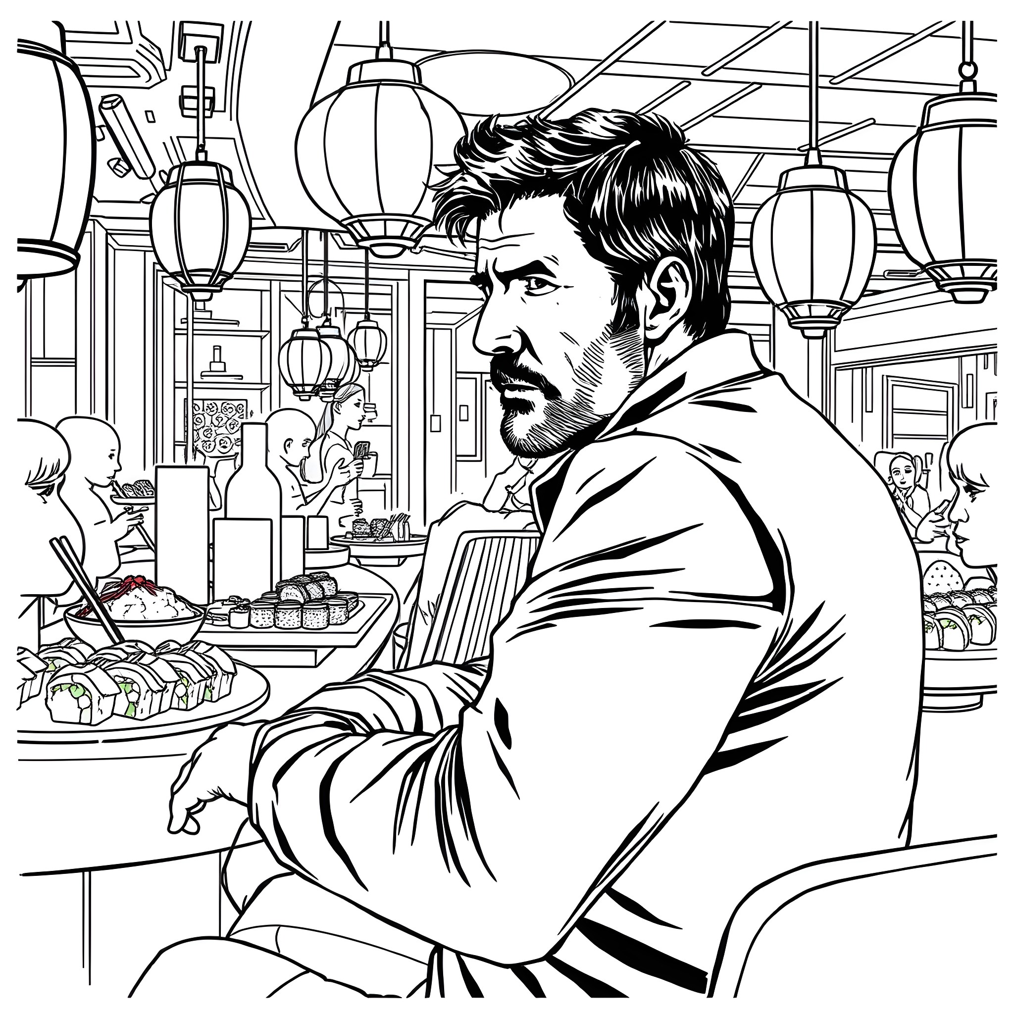 Rick Deckard contemplating in a futuristic setting Coloring Page (free black-and-white line drawing printable PDF for all, from beginners to advanced learners, including children, teens, adults, and seniors)