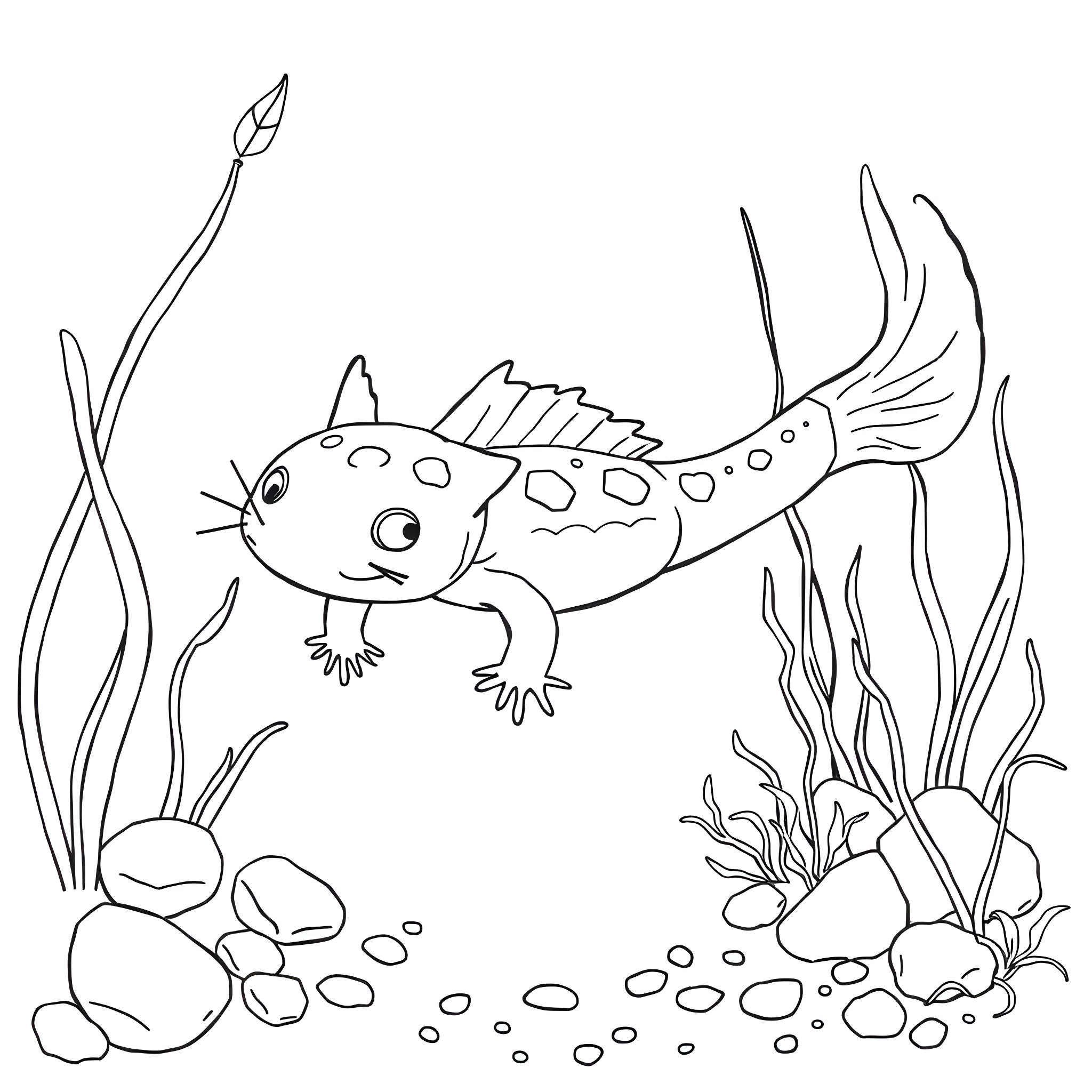 Axolotl swimming among underwater plants Coloring Page (free black-and-white line drawing printable PDF for all, from beginners to advanced learners, including children, teens, adults, and seniors)