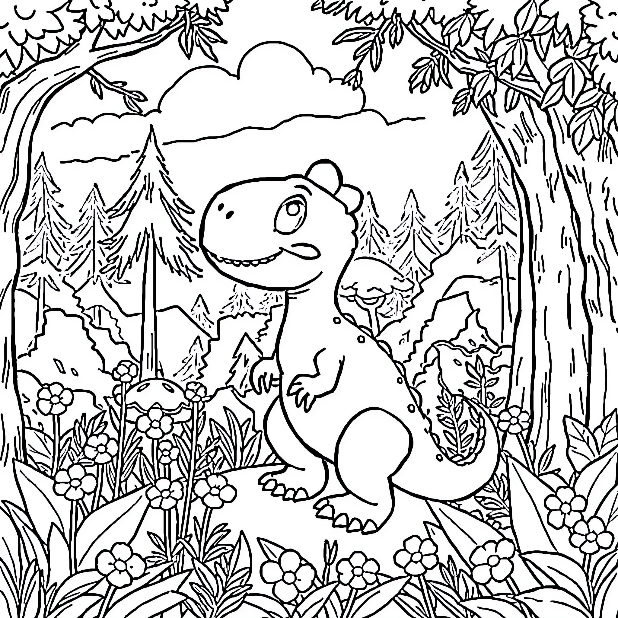 Dinosaur in a lush forest landscape Coloring Page (free black-and-white line drawing printable PDF for all, from beginners to advanced learners, including children, teens, adults, and seniors)
