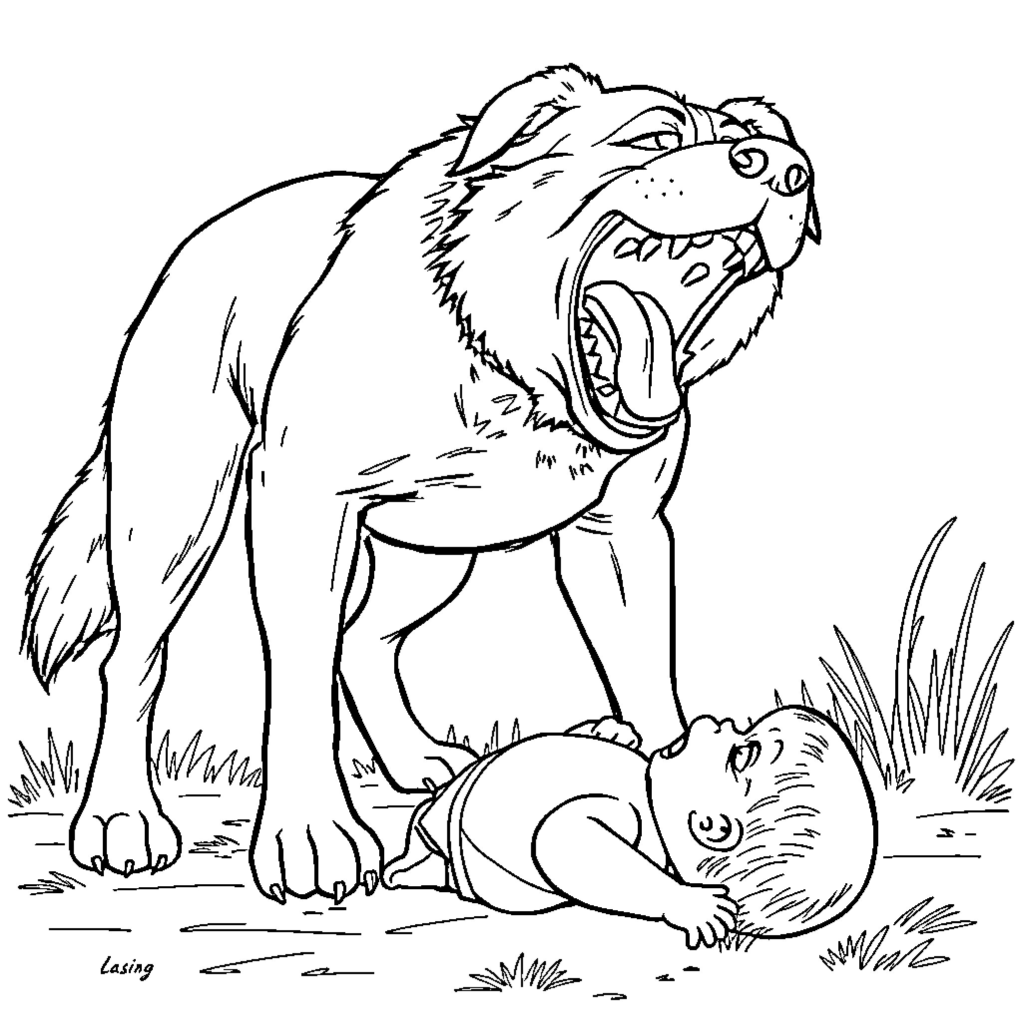 Dog guarding playful puppy in outdoor scene Coloring Page (free black-and-white line drawing printable PDF for all, from beginners to advanced learners, including children, teens, adults, and seniors)