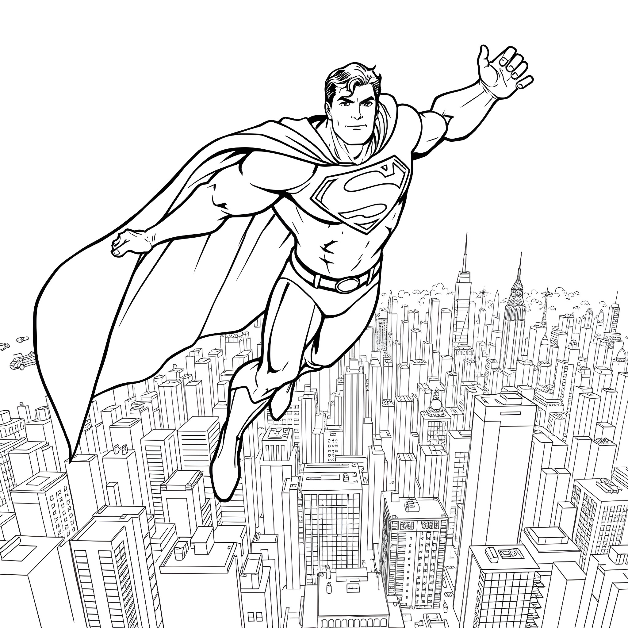Superman soaring over the city skyline Coloring Page (free black-and-white line drawing printable PDF for all, from beginners to advanced learners, including children, teens, adults, and seniors)