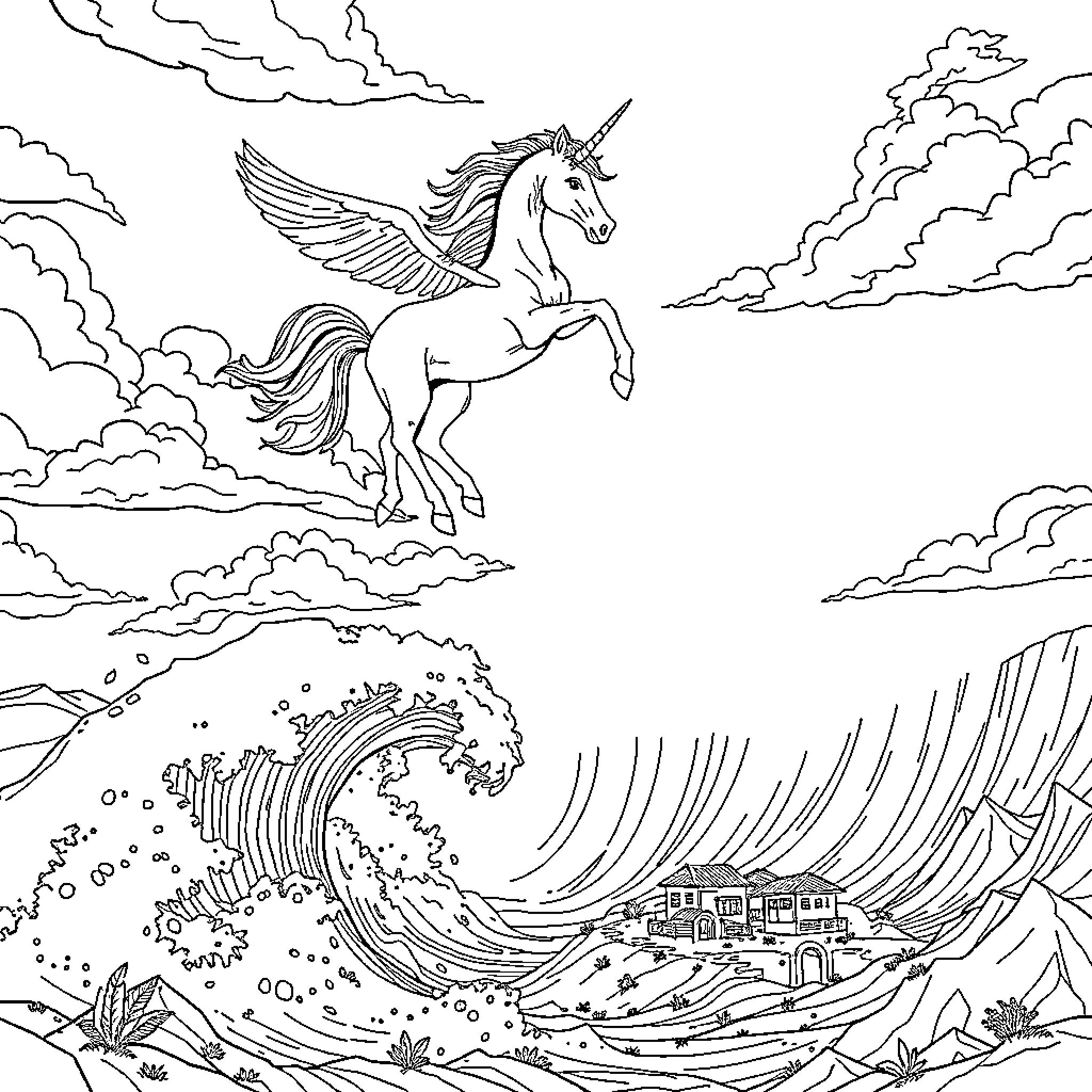 Unicorn flying over a magical seascape Coloring Page (free black-and-white line drawing printable PDF for all, from beginners to advanced learners, including children, teens, adults, and seniors)