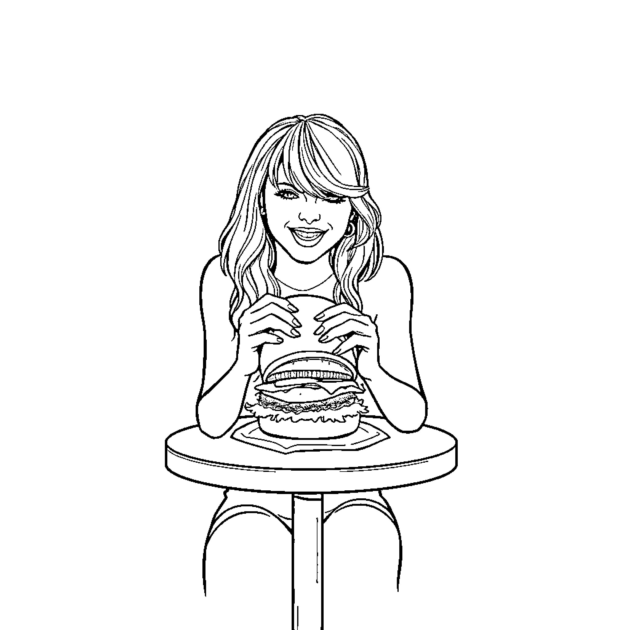 Taylor Swift enjoying a tasty hamburger Coloring Page (free black-and-white line drawing printable PDF for all, from beginners to advanced learners, including children, teens, adults, and seniors)