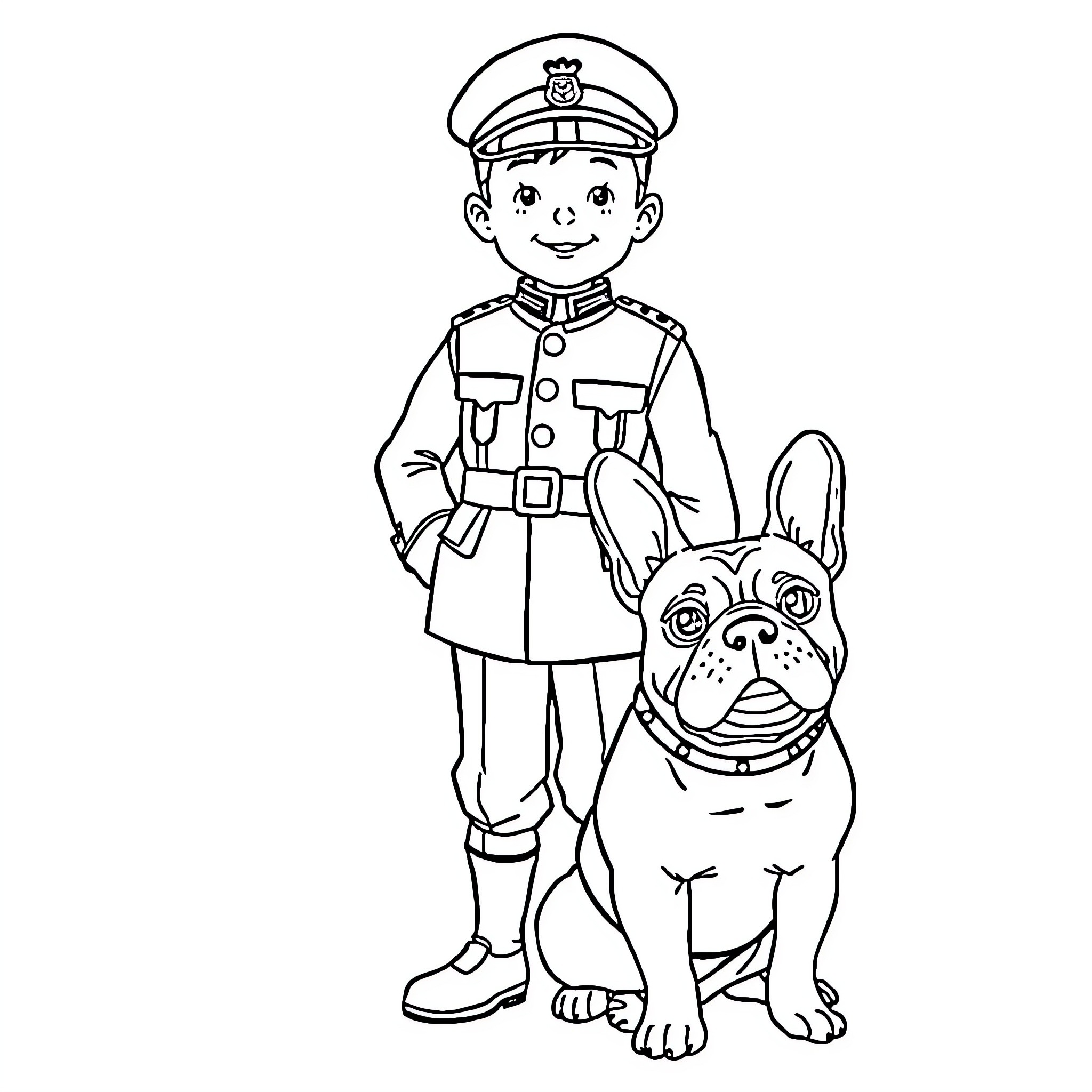 Officer and his Loyal Canine Companion Coloring Page (free black-and-white line drawing printable PDF for all, from beginners to advanced learners, including children, teens, adults, and seniors)