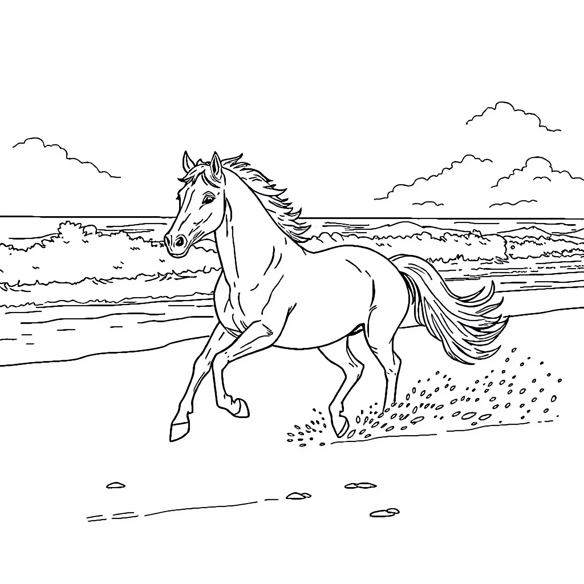 Horse galloping through the peaceful countryside Coloring Page (free black-and-white line drawing printable PDF for all, from beginners to advanced learners, including children, teens, adults, and seniors)