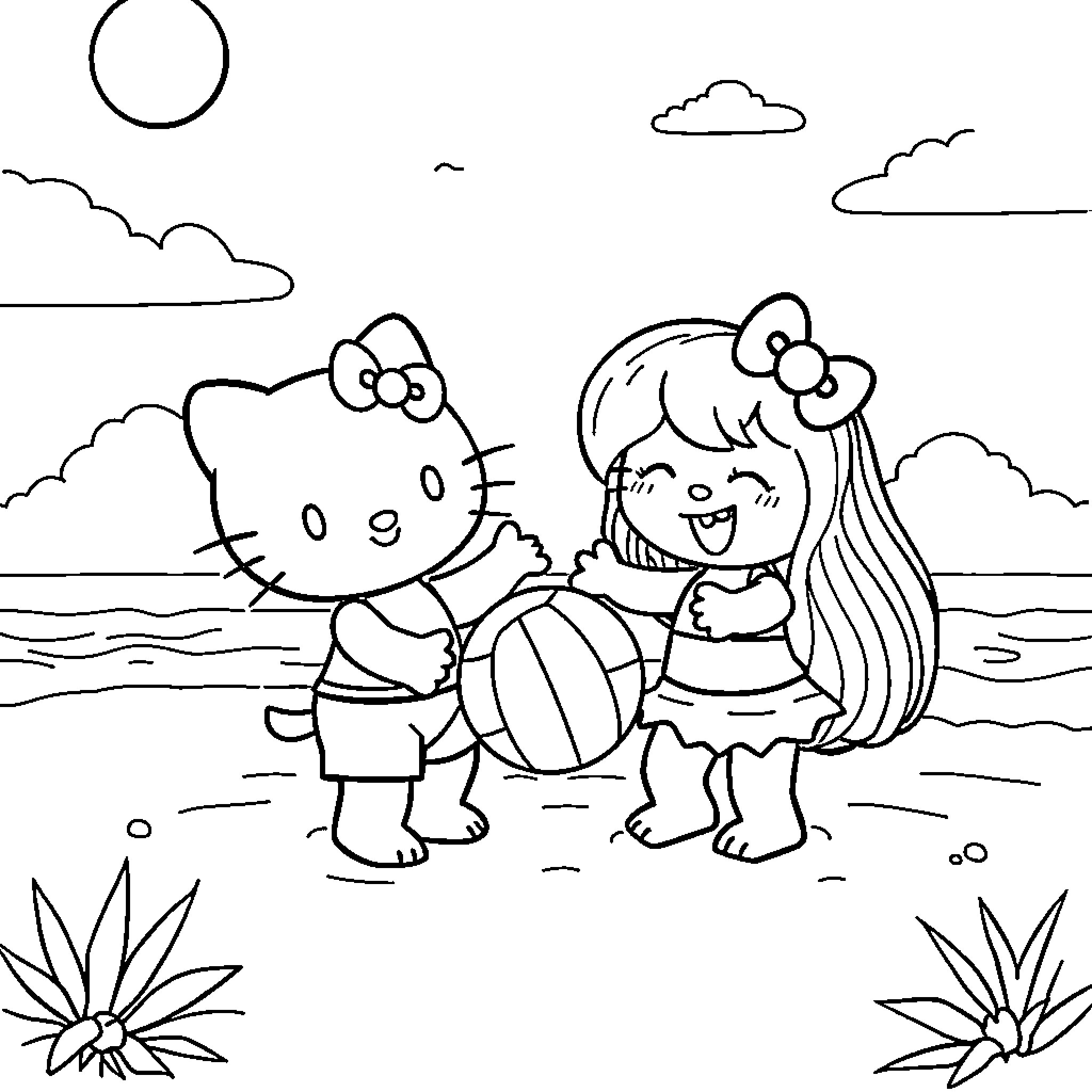 Hello Kitty playing on the beach with friends Coloring Page (free black-and-white line drawing printable PDF for all, from beginners to advanced learners, including children, teens, adults, and seniors)