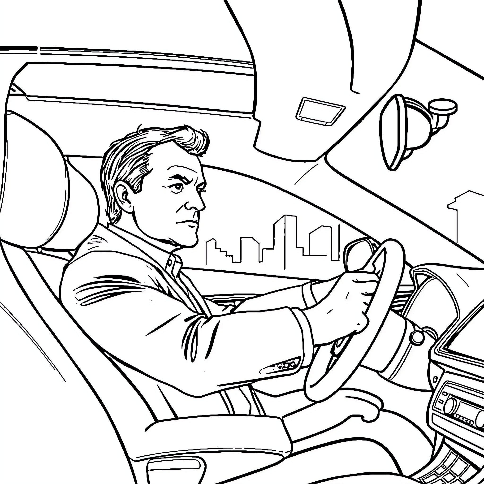 Macron driving his car through the city Coloring Page (free black-and-white line drawing printable PDF for all, from beginners to advanced learners, including children, teens, adults, and seniors)