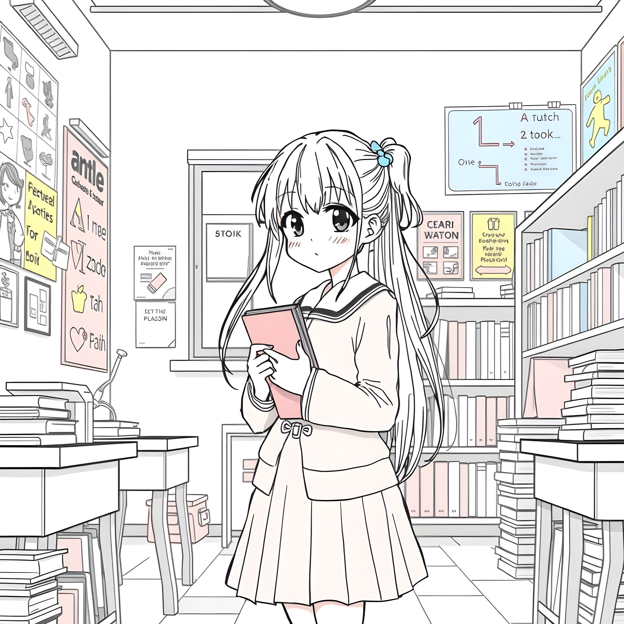 Kaede Otori in a school library setting Coloring Page (free black-and-white line drawing printable PDF for all, from beginners to advanced learners, including children, teens, adults, and seniors)
